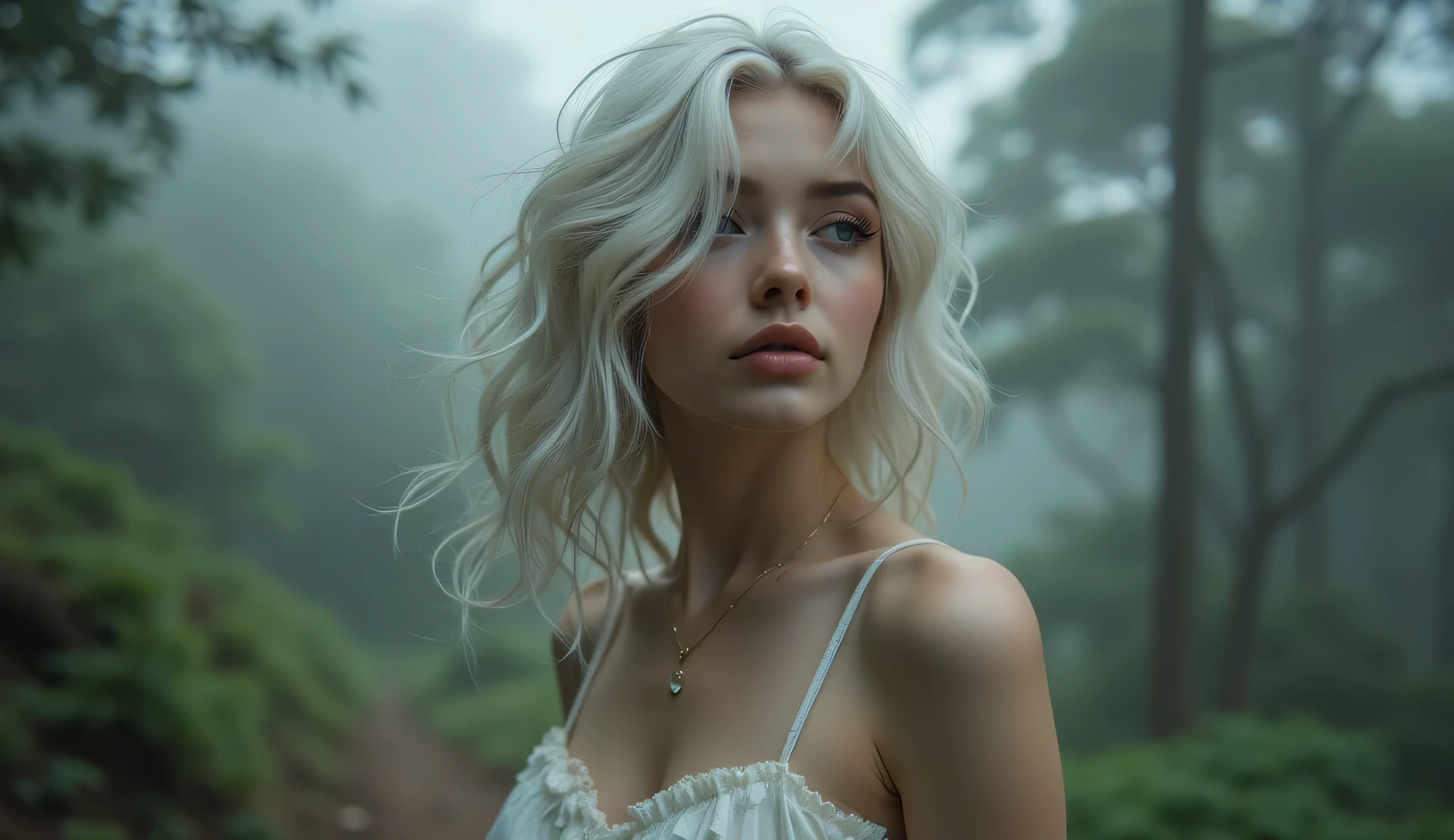 (masterpiece, best image quality , 8k), real photo , perfection of fashion, full body, frontal, faint smile,Outdoor, Exquisitely Painted , Realistic, ultra high definition , ultra high definition , smooth skin , highly detailed , High quality, high quality, high resolution, out of focus background,female,In a dense forest,Wandering through the clouds,18-year-old Ukrainian beauty , platinum blond hair wandering through the clouds ,It's foggy