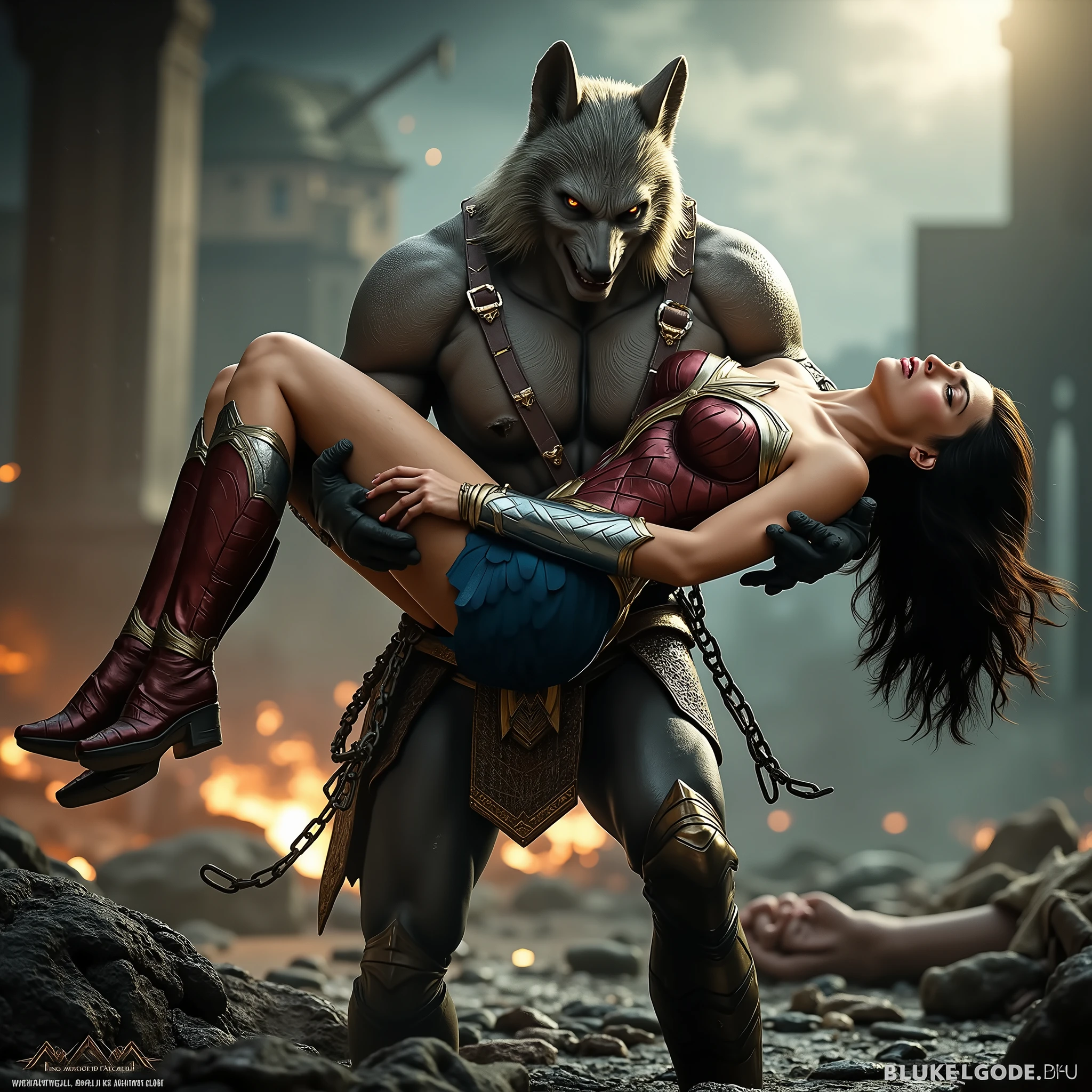 Gal Gadot is Wonder woman, fighting with the Steppenwolf, a very beautiful Gal Gadot face, very bright white skin, brown hair, painful face, unconscious, eyes close, dirty body, bound arms by chain behind her back, she is defeated, the Steppenwolf severely assault from front of wonder woman, face to face, a huge body fierce Steppenwolf is carrying Wonder woman body, the Steppenwolf is taller than Wonder woman, photorealistic, hyper realistic, whole body visible, in the night, ancient myth war,