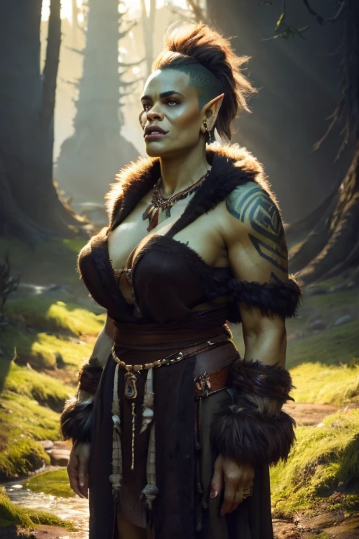 Young beautiful orc woman, big fangs, female orc, (green skin) , peaceful expression, fierce short hair, wool and fur clothes, (wearing dirty linen dress), bone jewelry, forest background, natural lighting, tribal tattoos, big body, highly detailed, 4k, photorealistic, dramatic lighting, cinematic, fantasy art, ultra high quality, sharp Focus, orczor