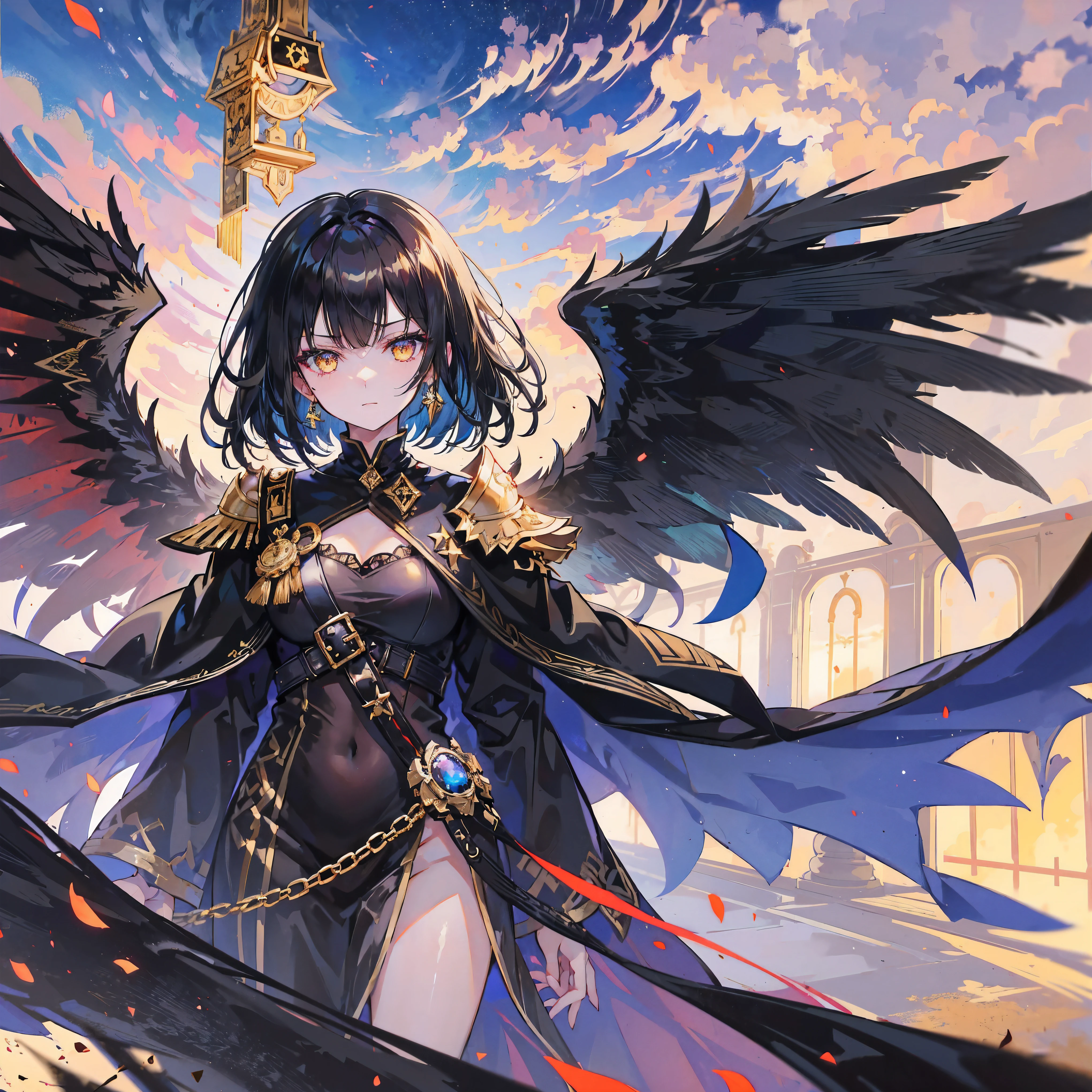 A girl with black hair and sharp golden eyes, a fallen angel with deadly jet black wings, was looking towards the glittering golden gates of heaven in the sky, her facial expression was dangerous and emotionless, and she was wearing a black supreme female commander's outfit, surrounded by majestic, sloping clouds.