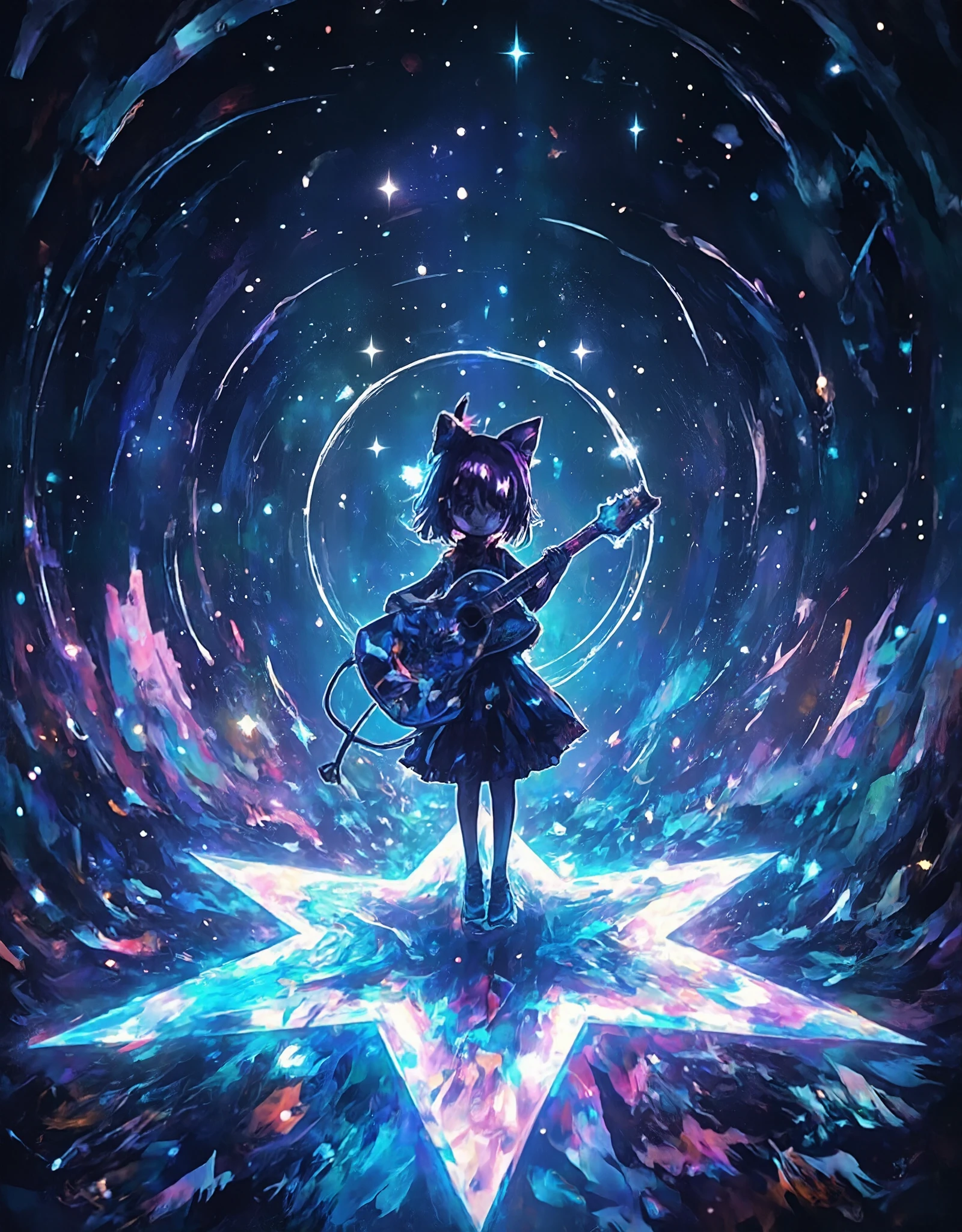 glow line art wallpaper , three-dimensional cutout techniques on a star-shaped stage, Phantasmal iridescent Overlay Coatings , a girl , Alone, Playing Strange Guitar , Ride on Mysteriously Sparkling Stars , RIDE ON STAR STAGE , galaxy expression, Get inspired by all kinds of galaxy creations,