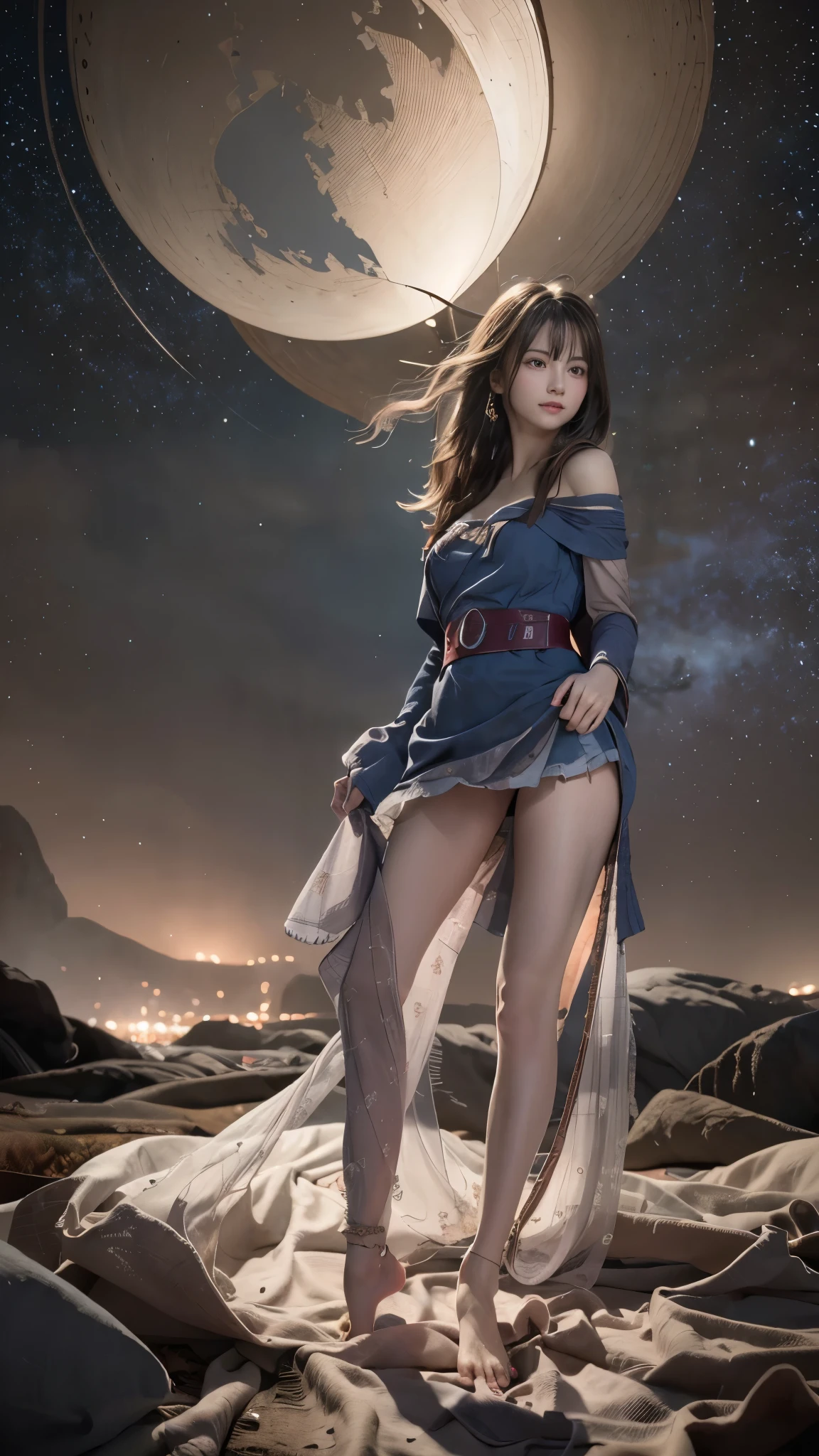 (RAW photo, highest quality), (realistic, Photoreal:1.3), 1 girl、realisticbody、old shrine maiden costume、Pyramid-shaped UFO full of space、laser light、looking at the camera