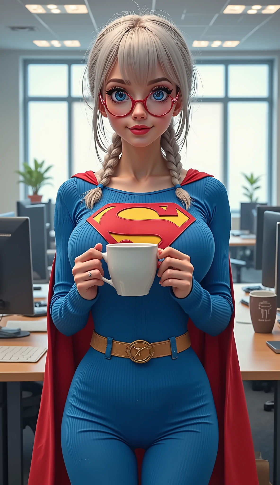 A SEXY YOUNG AUSTRALIAN GIRL WITH BLUE EYES, RED GLASSES, WHITE AND SILVER  HAIR BRAIDED, WEARING A BLUE CORDUROY 1980 SUPERMAN COSTUME AND RED CAPE STARING AT THE VIEWER. PHOTO REALISTIC, INTRICATE DETAILS, INTICATE TEXTURES, PROESSIONAL 4K PHOTOGRAPHY. STANDING AT WORK. (*A TEXT BUBBLE WITH A HEART EMOJI*) SIPPING ON COFFEE. SEMI REALISTIC, 3D CARTOON. ANIME