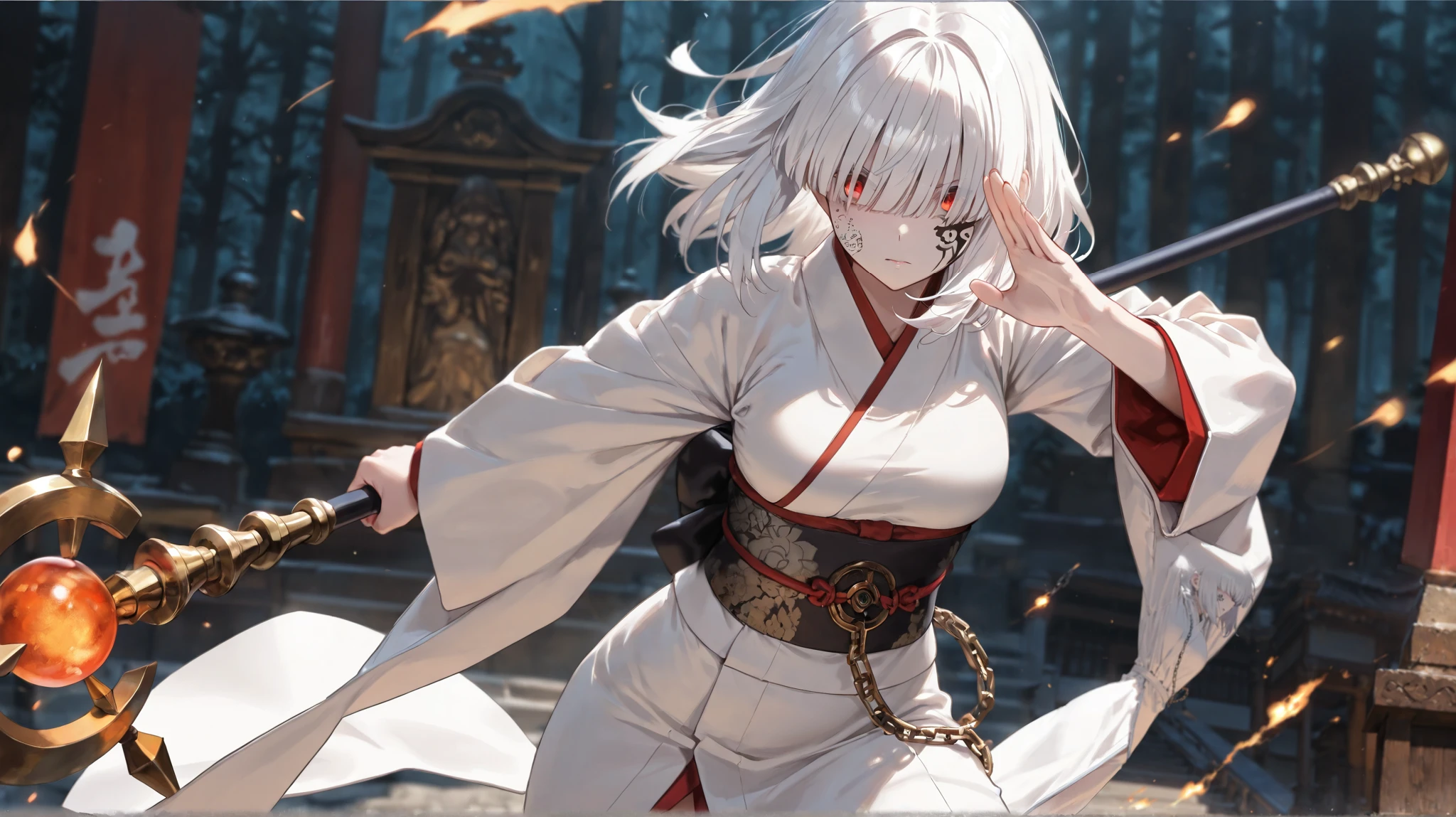 ((hair over eyes)), albino white hair, medium hair, blunt bangs, albino white skin, chain face tattoo, White kimono, medium breasts, An altar, bishop's staff, outdoors, battle stance, attacking pose, cowboy shot,  (best quality,4k,8k,highres,masterpiece:1.2),ultra-detailed,intricate details, high fashion, dramatic lighting, warm colors, chiaroscuro