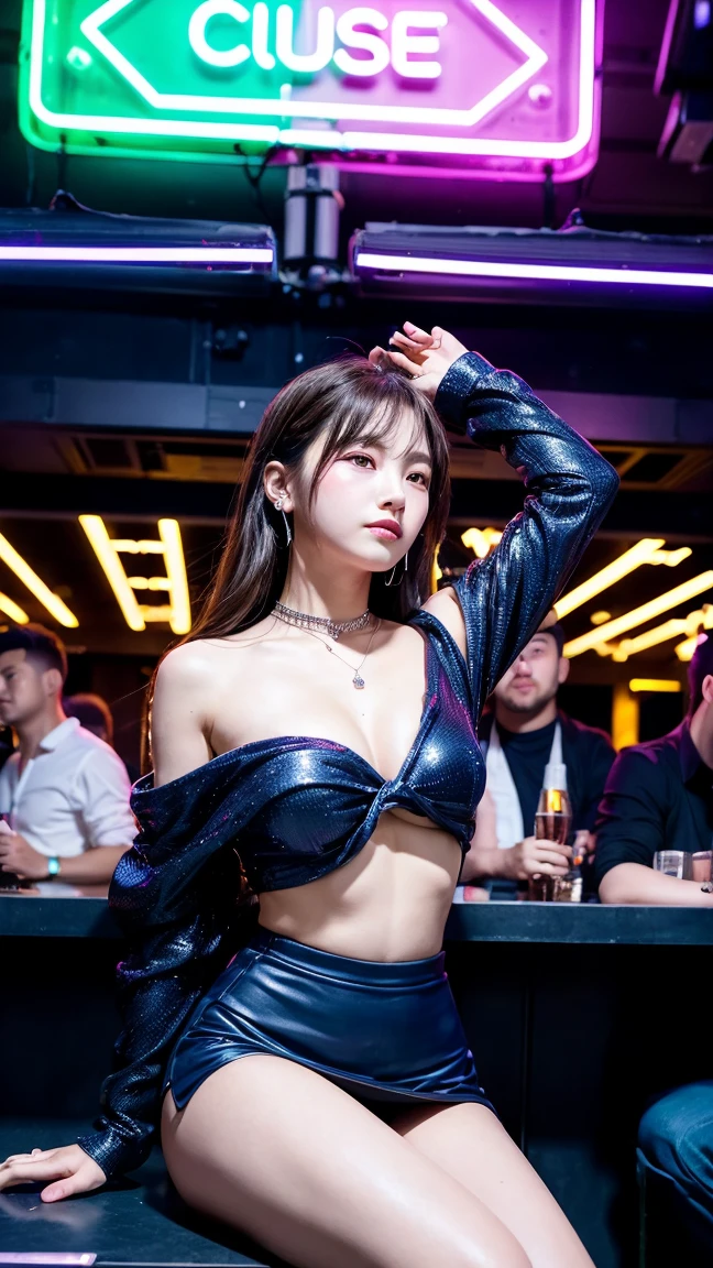 (best quality, epic lighting, stunning atmosphere),a vibrant and lively, high-energy nightclub scene,(multiple girls:1.3), fashionably dressed, cool dance moves, neon lights, thumping beats and awesome sound, unforgettable party experience!