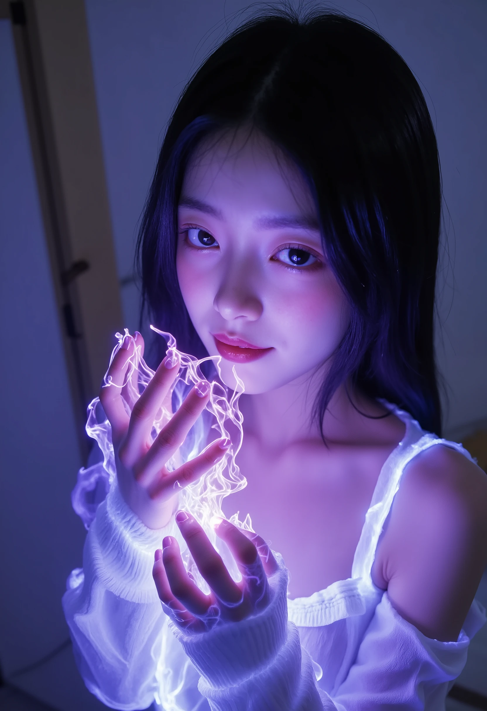 high angle close-up shot, 1 girl, Half Japanese and half Korean, A beautiful illumination girl without substance, drawn with the lines of a multicolored light-emitting diode, Illumination glow line art, sharp line illumination,