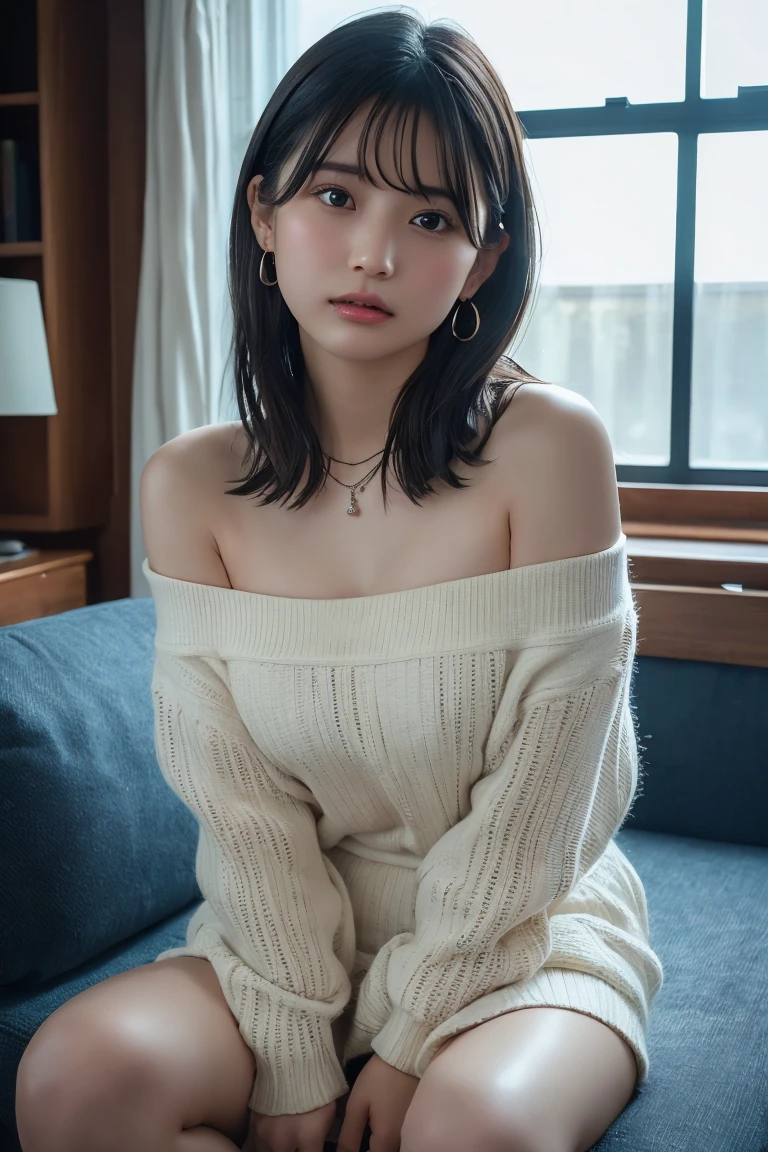((Off-the-shoulder knit、Drawstring Cami、Pintuck shorts))beautiful, calm and bright look、Refreshing look、完璧なbeautifulcute顔、Very bright、Long bangs between the eyes、Long black hair straight hair、とてもcute、beautifully、Young little woman、非常に完璧なbeautifulcute顔、、Real17歳女性、cute,((Small breasts：1.4))、(()) And a very slim figure,Very thin leganicules、Earrings、Pink Lip、choker、Real、Highest quality、Detailed face、Detailed Background、Depth of written boundary、alone、night,Highest quality、High resolution、超High resolution（Real：1.4）Detailed eyes、Gradation、Perfect anatomical figure、Woman with perfect body、Highly detailed skin、非常にDetailed face、細部までbeautiful目、Background blur、whole body viewing angle、