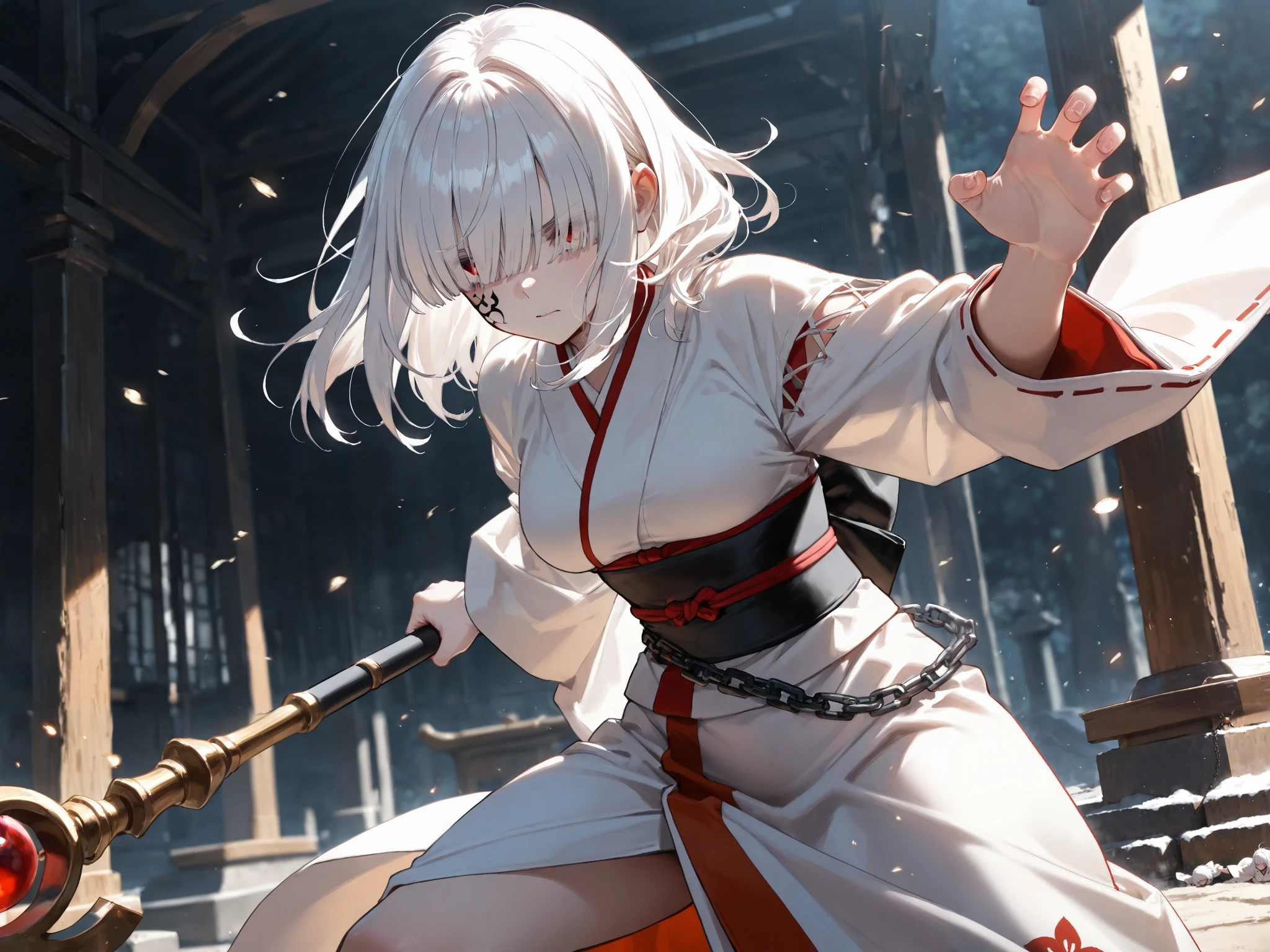 ((hair over eyes)), albino white hair, medium hair, blunt bangs, albino white skin, chain face tattoo, White kimono, medium breasts, An altar, bishop's staff, outdoors, battle stance, attacking pose, cowboy shot,  (best quality,4k,8k,highres,masterpiece:1.2),ultra-detailed,intricate details, high fashion, dramatic lighting, warm colors, chiaroscuro