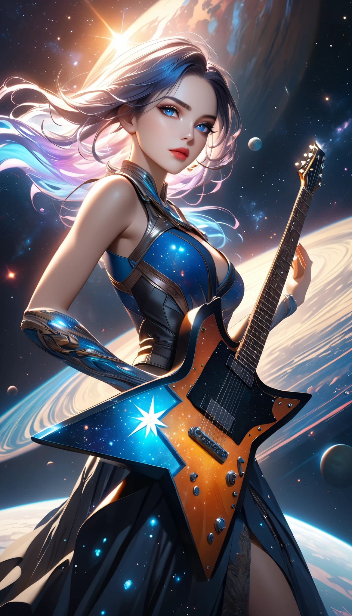 (A woman Who Rides on a Star, and a guitar neck grows from the star she straddles), solo, ((the star she's riding on looks like a transformed guitar, near the explorer model), beautiful detailed eyes, beautiful detailed lips, extremely detailed face and features, delicate facial features, long eyelashes), magical, fantasy, sci-fi, cosmic, stars, galaxies, planets, nebulae, photorealistic, hyper-realistic, 8k, high resolution, masterpiece, cinematic lighting, dramatic shadows and highlights, vibrant colors, rich textures, intricate details