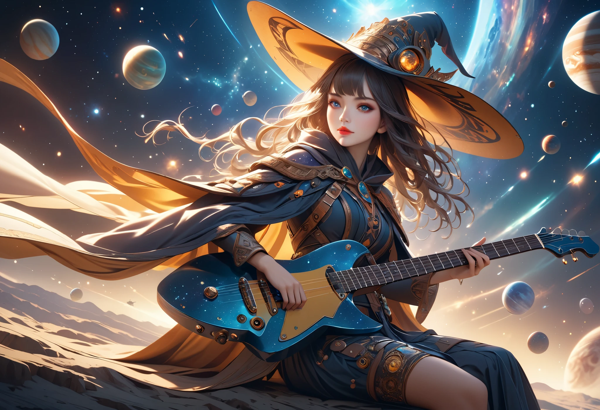 a beautiful woman, 1lady, witch, flying, straddling a transformed guitar between her legs, like a witch on a broomstick, explorer model, beautiful detailed eyes, beautiful detailed lips, extremely detailed face and features, delicate facial features, long eyelashes, solo, mystical, magical, fantasy, sci-fi, cosmic, stars, galaxies, planets, nebulae, photorealistic, hyperrealistic, 8k, high resolution, masterpiece, cinematic lighting, dramatic shadows and highlights, vibrant colors, rich textures, intricate details