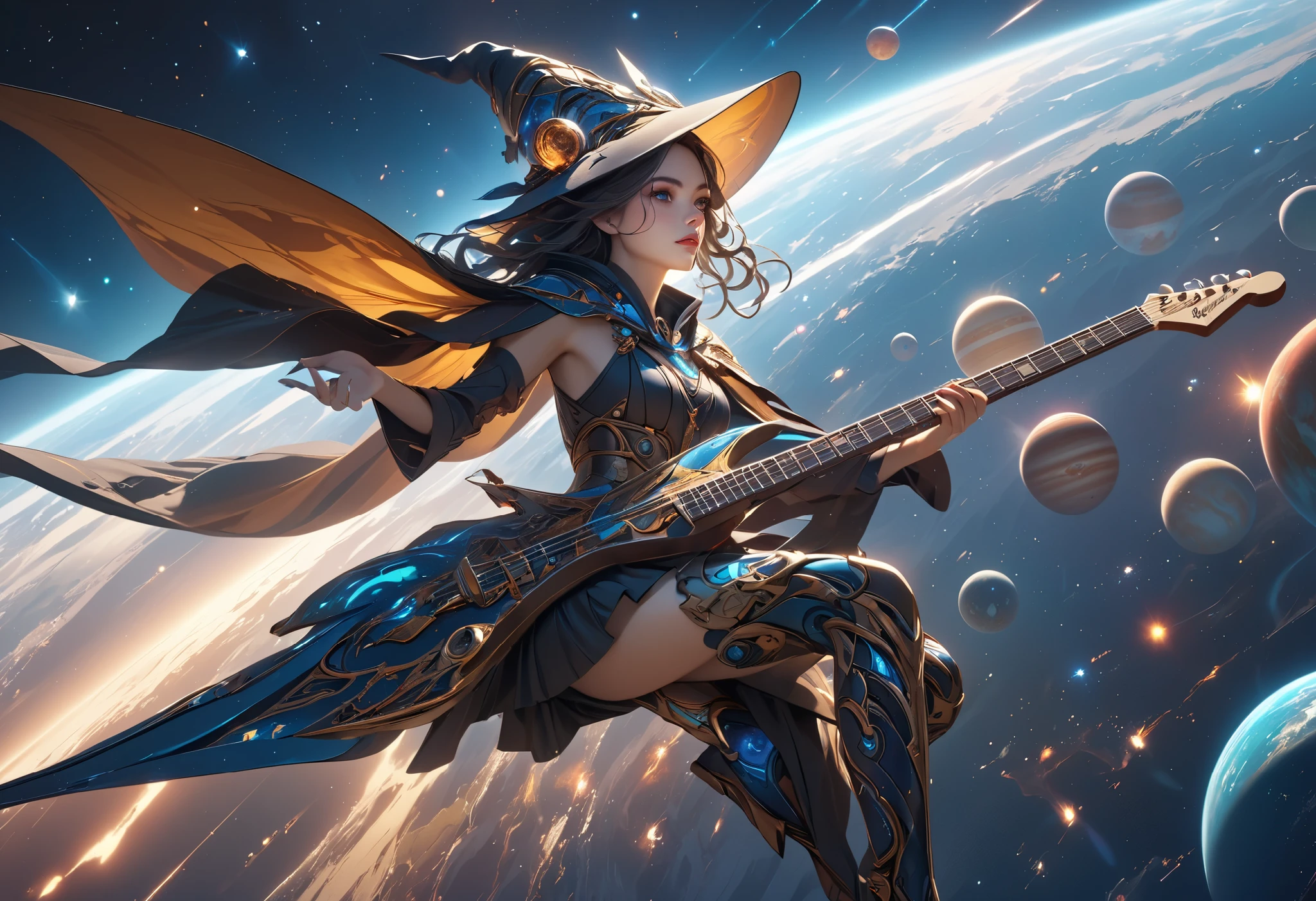 a beautiful woman, 1lady, witch, flying, straddling a transformed guitar between her legs, like a witch on a broomstick, explorer model, beautiful detailed eyes, beautiful detailed lips, extremely detailed face and features, delicate facial features, long eyelashes, solo, mystical, magical, fantasy, sci-fi, cosmic, stars, galaxies, planets, nebulae, photorealistic, hyperrealistic, 8k, high resolution, masterpiece, cinematic lighting, dramatic shadows and highlights, vibrant colors, rich textures, intricate details