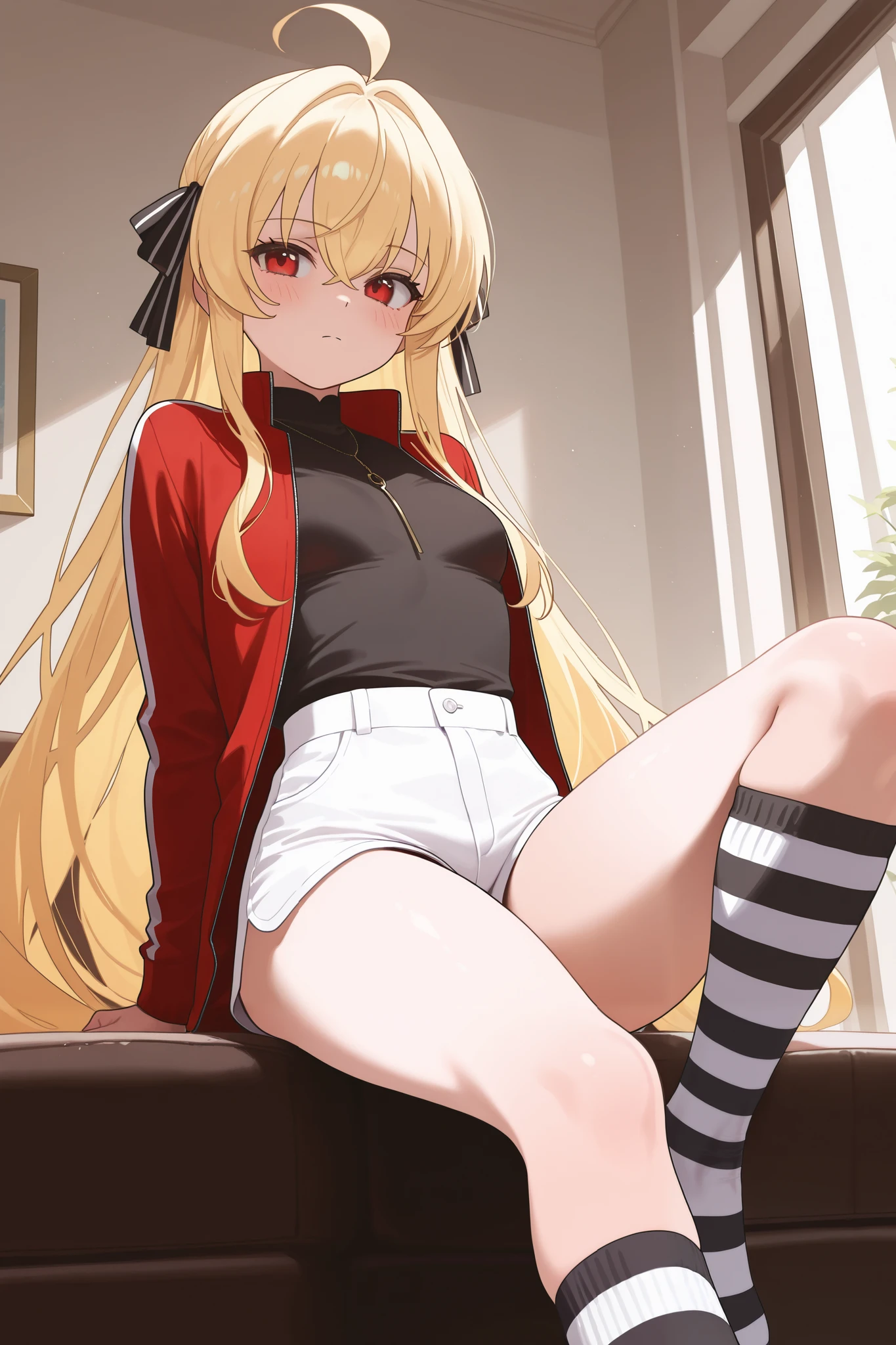 crossed legs, score_9, score_8_up, score_7_up, score_6_up, <lora:PONY_character_ashikaga_chachamaru:1>,ashikaga_chachamaru,blonde hair