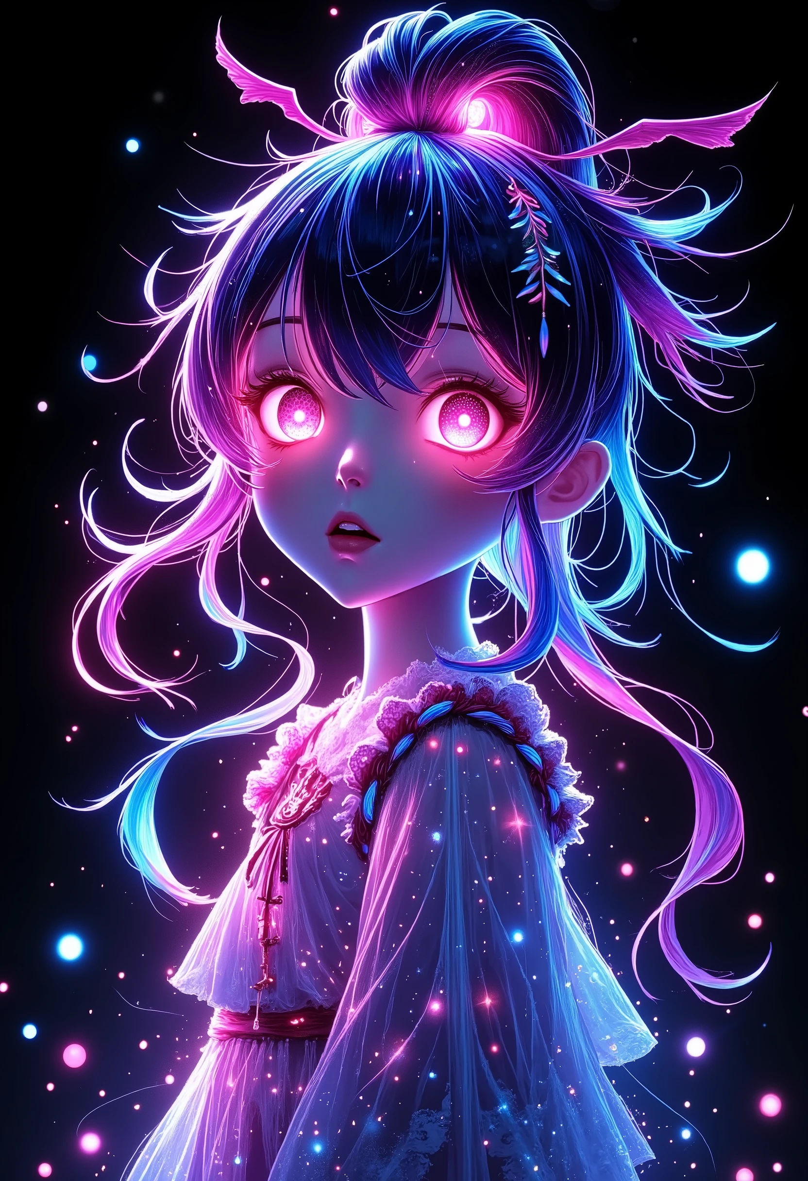 high angle close-up shot, 1 girl, Half Japanese and half Korean, A beautiful illumination girl without substance, drawn with the lines of a multicolored light-emitting diode, Illumination glow line art, sharp line illumination,