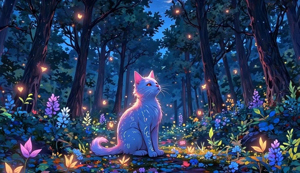 cat sitting in the middle of the forest , tree々Surrounded by, plant, And flowers. cat in l0f14rt style is illuminated by moonlight , creates a beautiful and peaceful atmosphere., in l0f14rt style