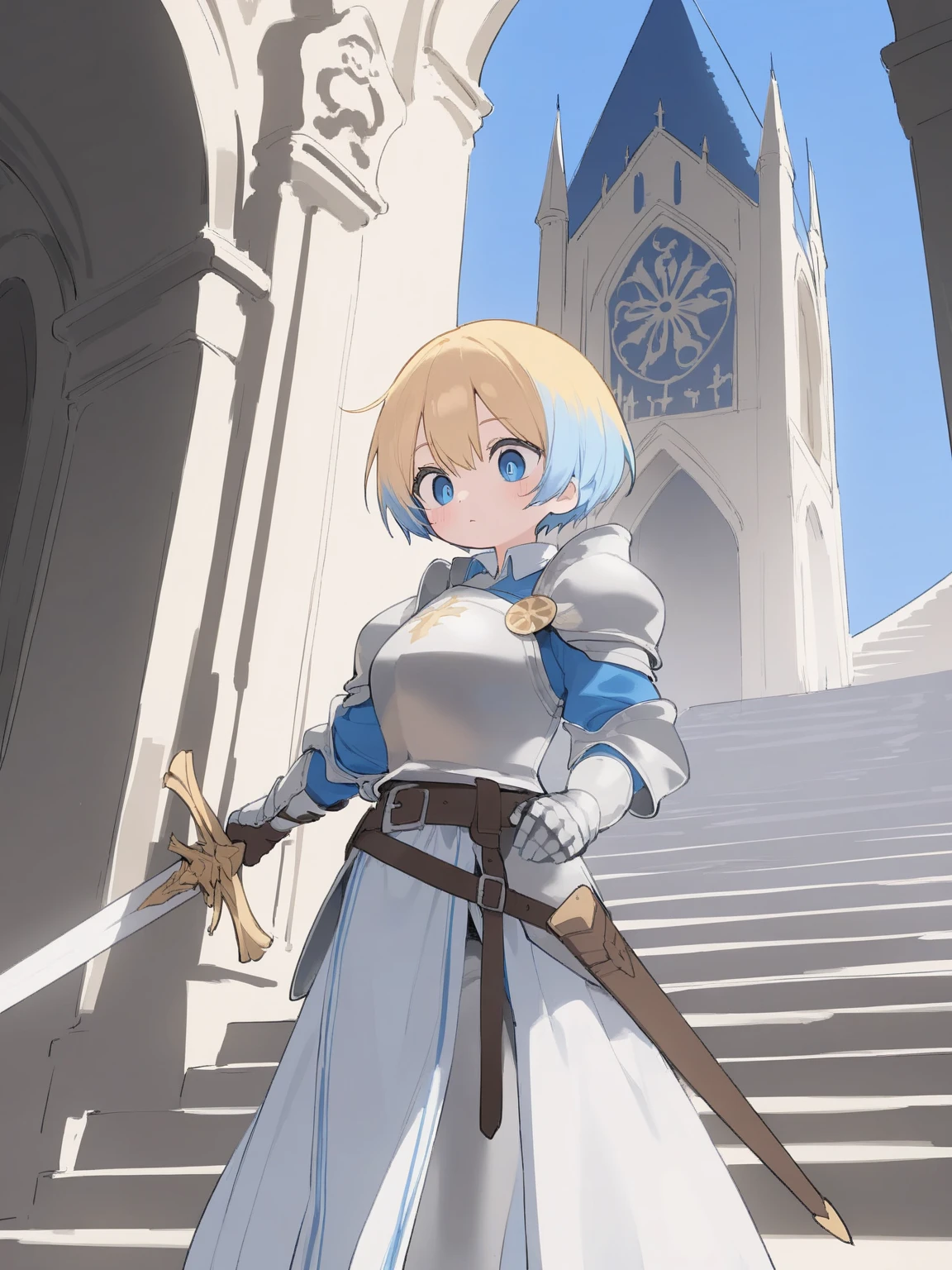  Medieval Fantasy Paladin ,  Feminine Paladin Costume , Blonde Knight ,  Feminine Paladin Costume ,  A faithful, mature beauty with blue hair and blue eyes ,  Looking down from the stairs in front of a medieval cathedral,  High Quality , 8k,  High Sun and Blue Sky ,  Short Short Hair Fluttering Due to the Wind 