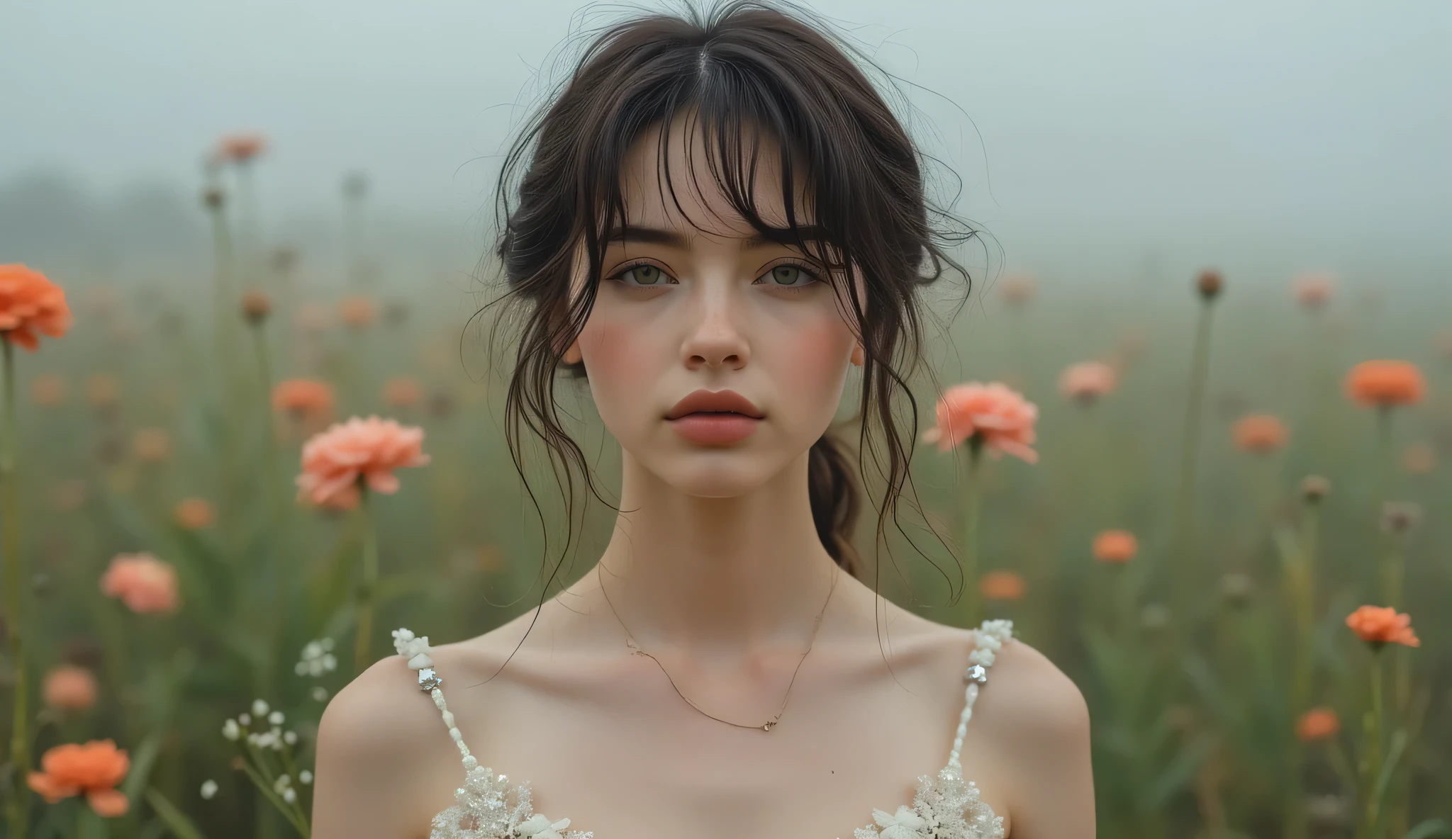 (masterpiece, best image quality , 8k), real photo , perfection of fashion,bust, frontal, faint smile,Outdoor, Exquisitely Painted , Realistic, ultra high definition , ultra high definition , smooth skin , highly detailed , High quality, high quality, high resolution, out of focus background,female,Expansive flower garden,18-year-old Ukrainian beauty ,It's foggy