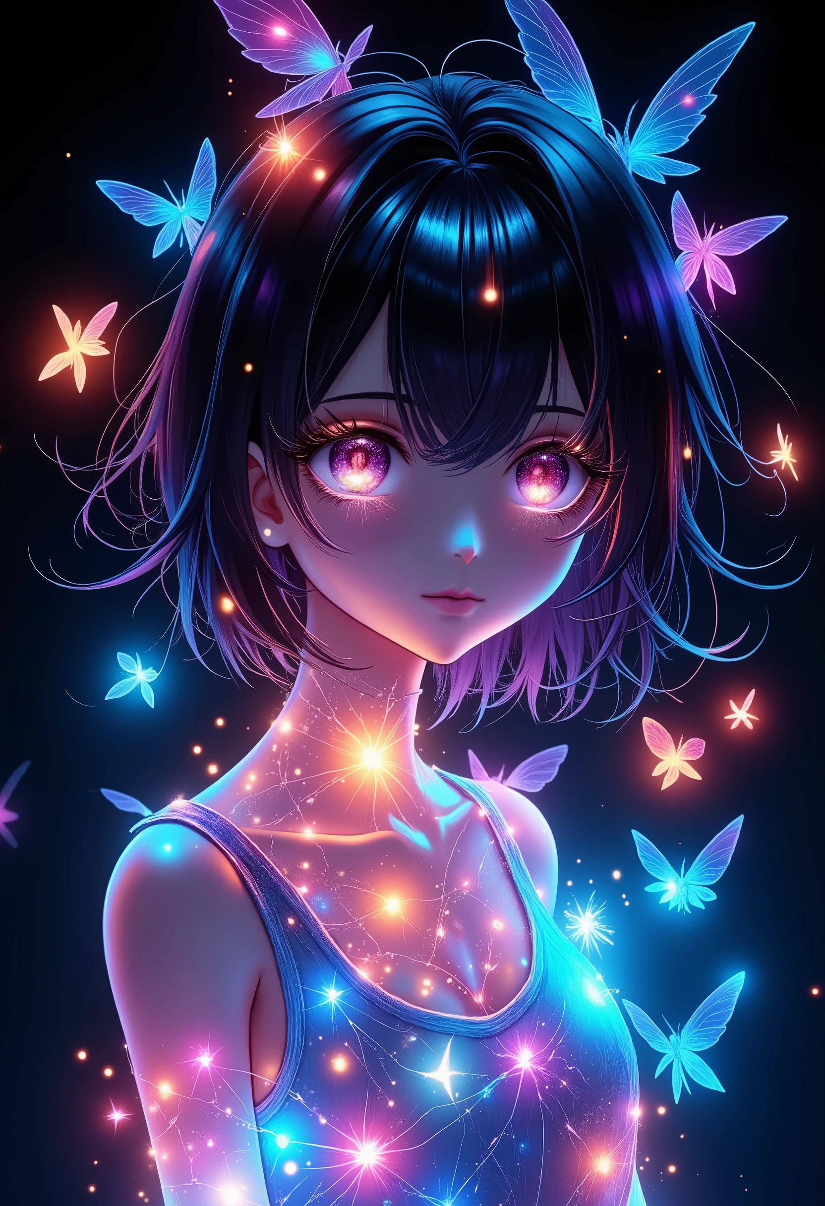 high angle close-up shot, 1 girl, Half Japanese and half Korean, A beautiful illumination girl without substance, drawn with the lines of a multicolored light-emitting diode, Illumination glow line art, sharp line illumination,