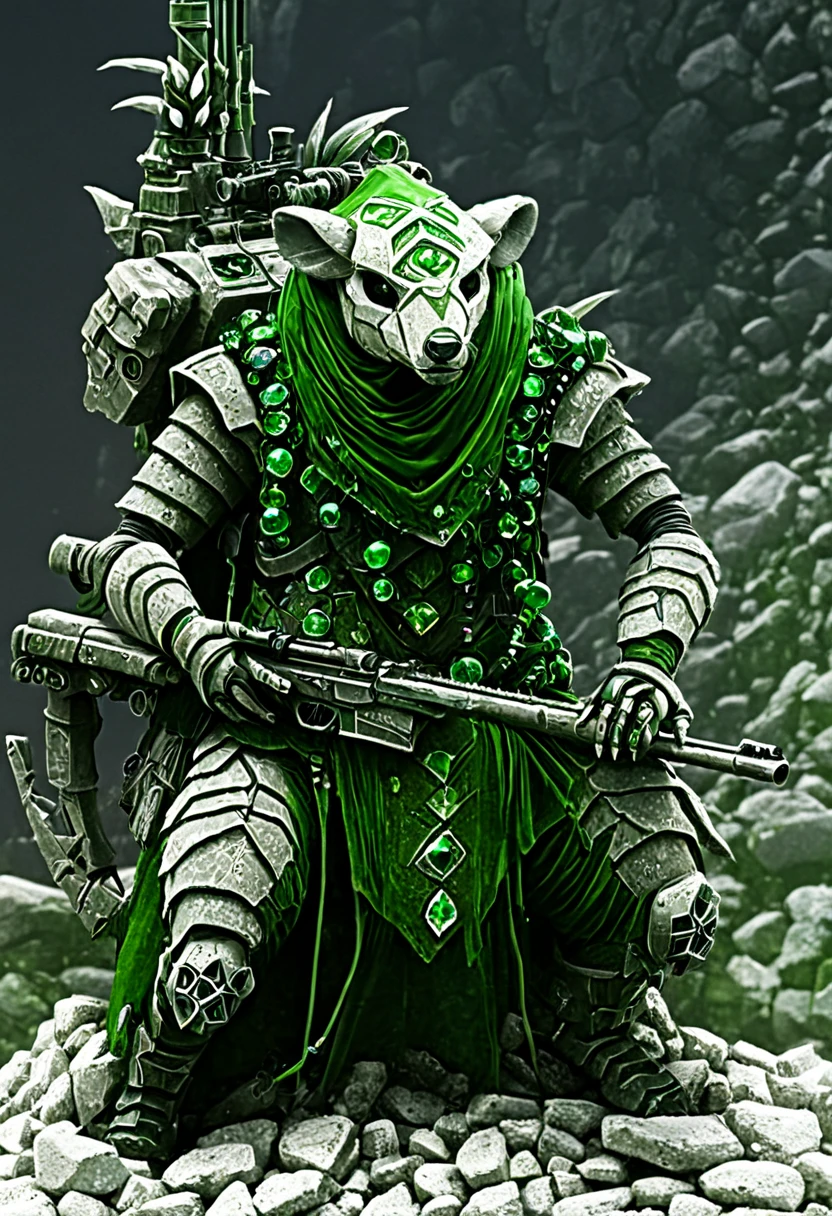 Skaven man, future tech clothes, sniper in hands, body made of white rocks, green warpstone gems encraved on body