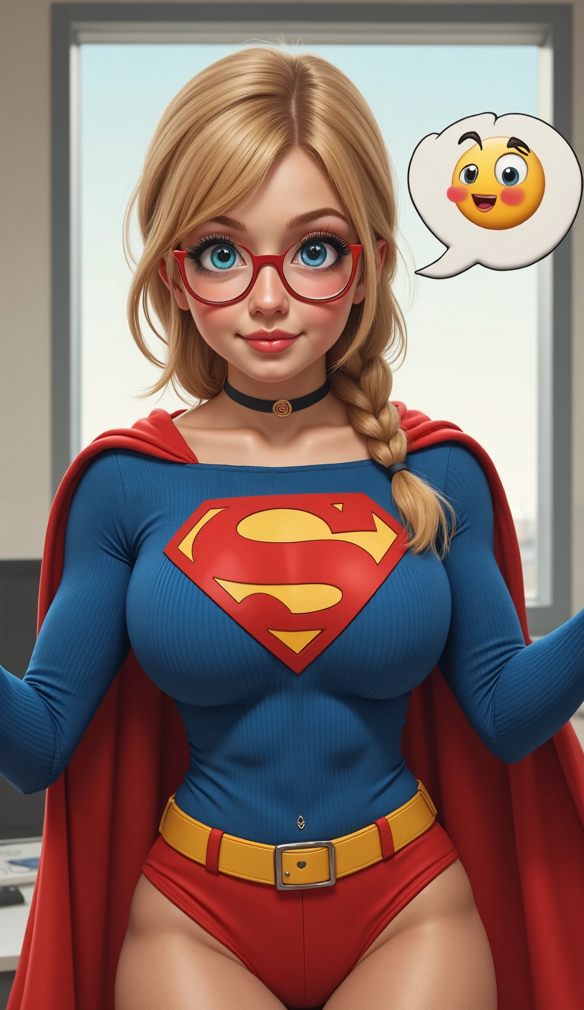 HARGING UP WITH INCREDIBLE SUPER POWER.A SEXY YOUNG TEEN FEMALE WITH BLUE EYES, RED GLASSES AND BLONDE HAIR BRAIDED, WEARING A BLUE CORDUROY LYCRA 1980 SUPERGIRL COSTUME, YELLOW SUPERMAN BELT AND A RED CAPE STARING AT THE VIEWER. PHOTO REALISTIC, INTRICATE DETAILS, INTICATE TEXTURES, PROESSIONAL 4K PHOTOGRAPHY. STANDING AT WORK. (*A TEXT BUBBLE WITH A HEART EMOJI*) 2D CARTOON STYLE. ANIME. C