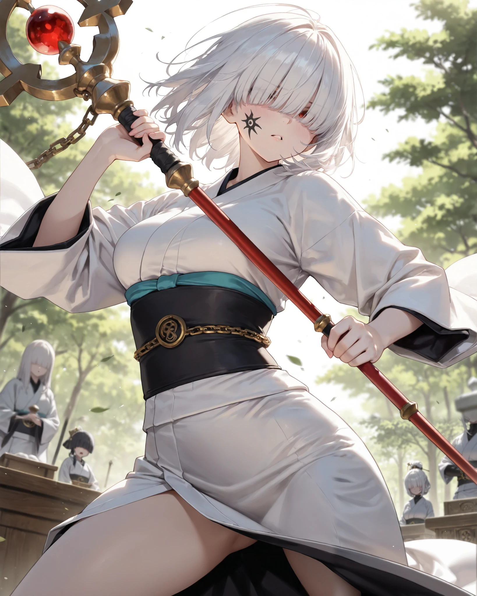 ((hair over eyes)), albino white hair, medium hair, blunt bangs, albino white skin, chain face tattoo, White kimono, medium breasts, An altar, bishop's staff, outdoors, battle stance, attacking pose, cowboy shot,  (best quality,4k,8k,highres,masterpiece:1.2),ultra-detailed,intricate details, high fashion, dramatic lighting, warm colors, chiaroscuro