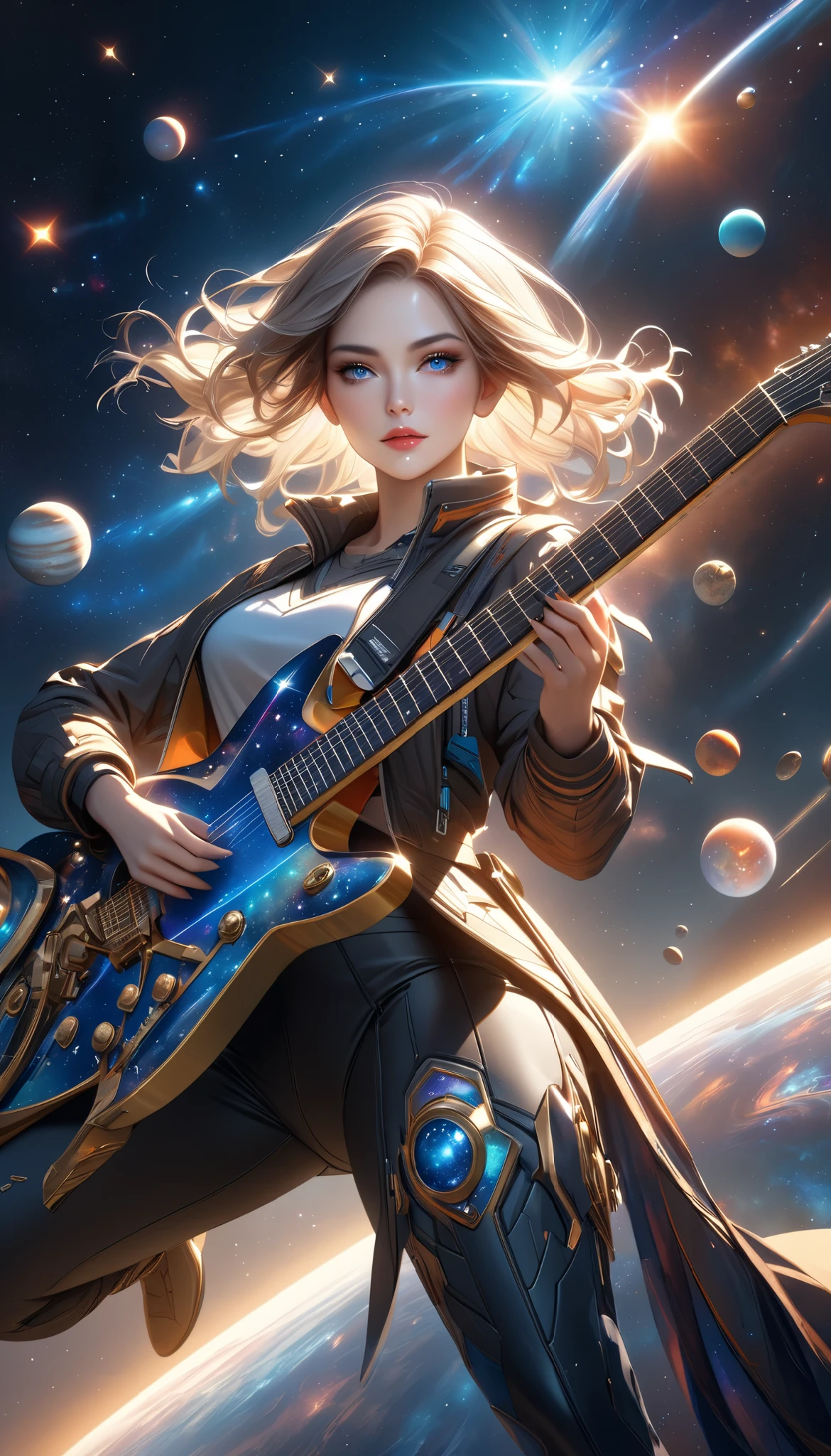 (A woman Who Rides on a Star, and a guitar neck grows from the star she straddles), solo, ((the star she's riding on looks like a transformed guitar, near the explorer model), beautiful detailed eyes, beautiful detailed lips, extremely detailed face and features, delicate facial features, long eyelashes), magical, fantasy, sci-fi, cosmic, stars, galaxies, planets, nebulae, photorealistic, hyper-realistic, 8k, high resolution, masterpiece, cinematic lighting, dramatic shadows and highlights, vibrant colors, rich textures, intricate details