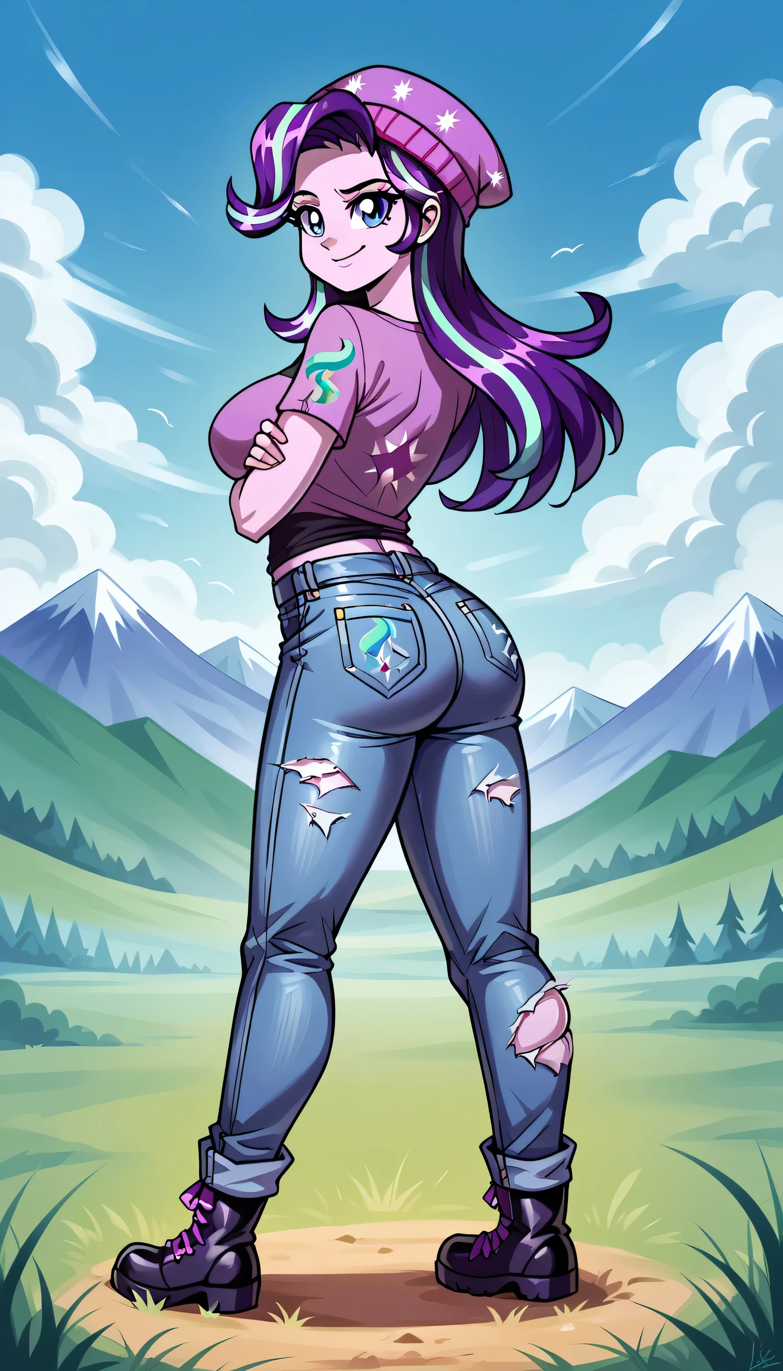 1girl, , solo, , , , looking_at_viewer, smile, , back, , , , looking_back, , , , bangs, , , thighs, closed_mouth, from_behind,, huge breast, large ass,Meadow, day, grass, mountain,
Starlight Glimmer_(mlp),human, humanized, equestria girls, 1girl, solo, torn_pants, torn_clothes, multicolored_hair, torn_jeans, colored_skin, , purple_hair, hat, crossed_arms, pants, long_hair, purple_skin, jeans, black_footwear, shoes, , shirt, standing , denim , , smile, , torn_pantyhose, boots, blue_hair, With clothes,