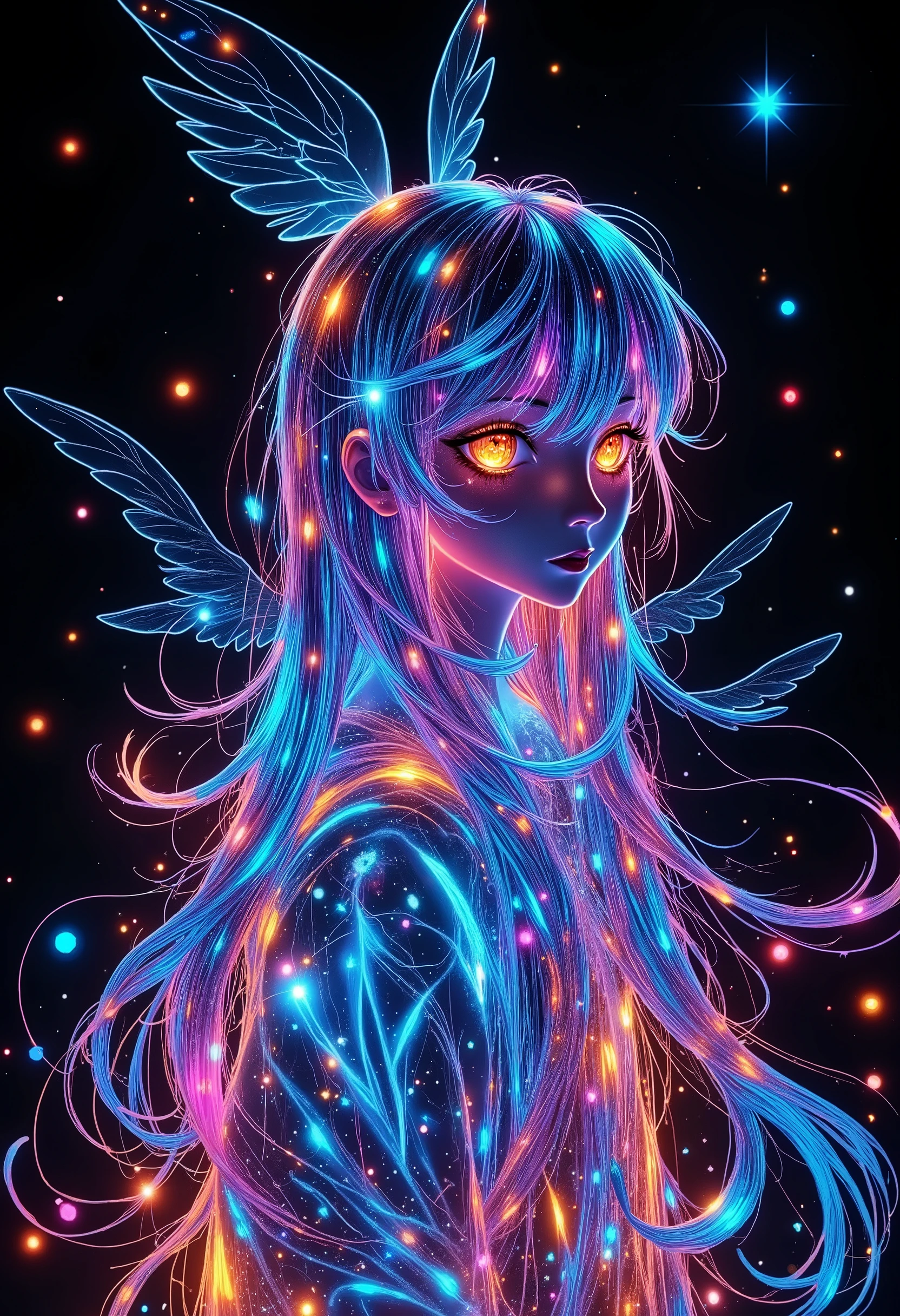 high angle close-up shot, 1 girl, Half Japanese and half Korean, A beautiful illumination girl without substance, drawn with the lines of a multicolored light-emitting diode, Illumination glow line art, sharp line illumination,