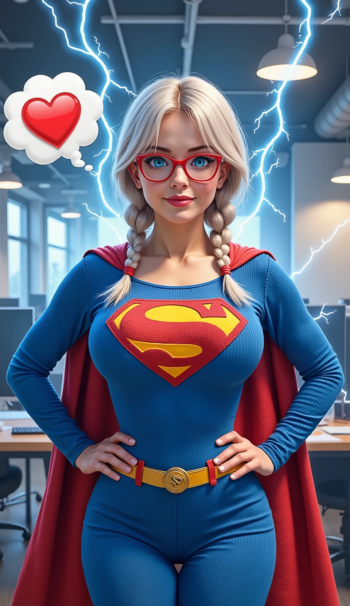 GETTING ELECTROCUTED, BODY JOLTED WITH HIGH VOLTAGE. A SEXY YOUNG AUSTRALIAN GIRL WITH BLUE EYES, RED GLASSES, WHITE AND SILVER HAIR BRAIDED, WEARING A BLUE CORDUROY 1980 SUPERMAN COSTUME AND RED CAPE STARING AT THE VIEWER. PHOTO REALISTIC, INTRICATE DETAILS, INTICATE TEXTURES, PROESSIONAL 4K PHOTOGRAPHY. STANDING AT WORK. (*A TEXT BUBBLE WITH A HEART EMOJI*) POWERING UP, SEMI REALISTIC, 3D CARTOON. ANIME