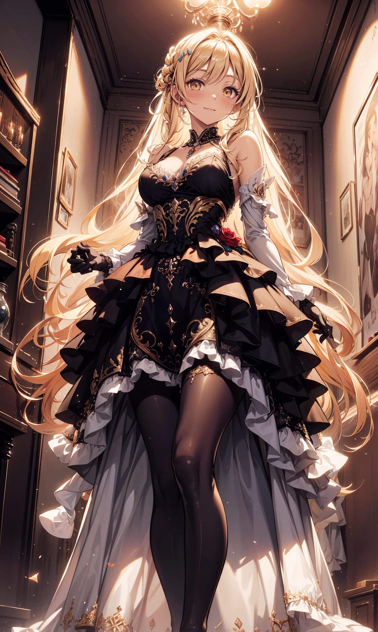 ( Best Quality ,4K,8K, High Resolution , masterpiece:1.2), Very Detailed, mature women,Charm, magic ,enchanting,joy, Holy Goddess , magic al effect,blond, Orange Eyes,Banquet Dress, Delicate Decor,Features of the magic al costumes of the heavens,dark-toned dress, Delicate Garments,tiered skirt ,Delicate lace,Delicate ruffles,bedroom, unique ,At night, Pantyhose with lots of texture designs ,神圣条纹, Clear clothes , Jewelry Decoration