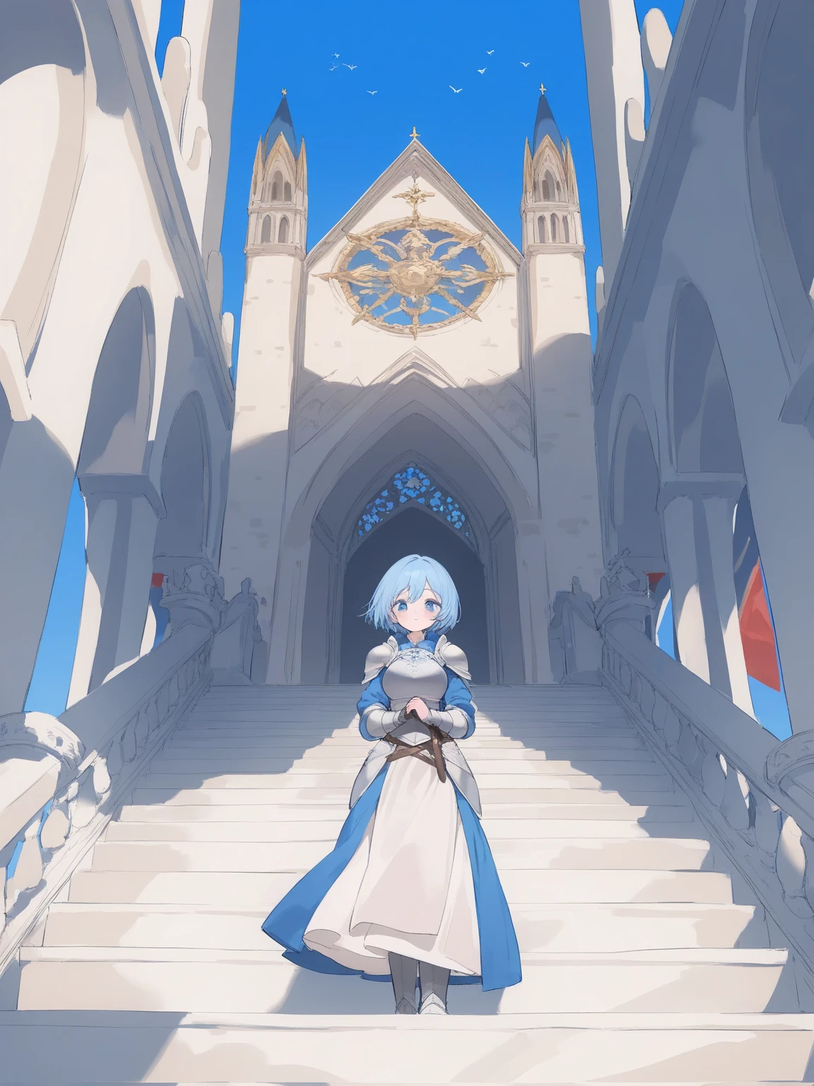  Medieval Fantasy Paladin ,  Feminine Paladin Costume , Blonde Knight ,  Feminine Paladin Costume ,  A faithful, mature beauty with blue hair and blue eyes ,  looking down from the stairs in front of a medieval cathedral,  High Quality , 8k,  High Sun and Blue Sky ,  Short Short Hair Fluttering Due to the Wind ,  Sun floating upward in the middle , Feathery background 