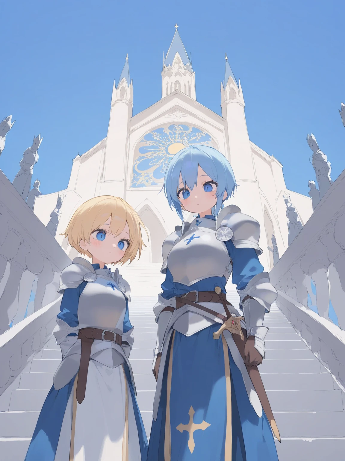  Medieval Fantasy Paladin ,  Feminine Paladin Costume , Blonde Knight ,  Feminine Paladin Costume ,  A faithful, mature beauty with blue hair and blue eyes ,  looking down from the stairs in front of a medieval cathedral,  High Quality , 8k,  High Sun and Blue Sky ,  Short Short Hair Fluttering Due to the Wind ,  Sun floating upward in the middle , Feathery background 