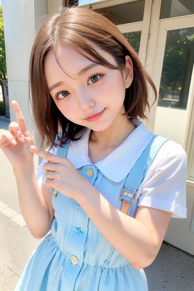 4K, masterpiece, 8k, high quality, 最high quality,10歳のcute少等生, Very white skin, Long brown hair，a bit，Low length，freckles，Thin eyebrows，Straight bangs，(Flat Chest) ，feminine, freckles, Tilt, elegant, elegant, cute, smile, cute, Hilarious, belly button, Denim Low Rise Mini Skirt, ((Black knee socks)), (Ugly clothes)、((Gray background))