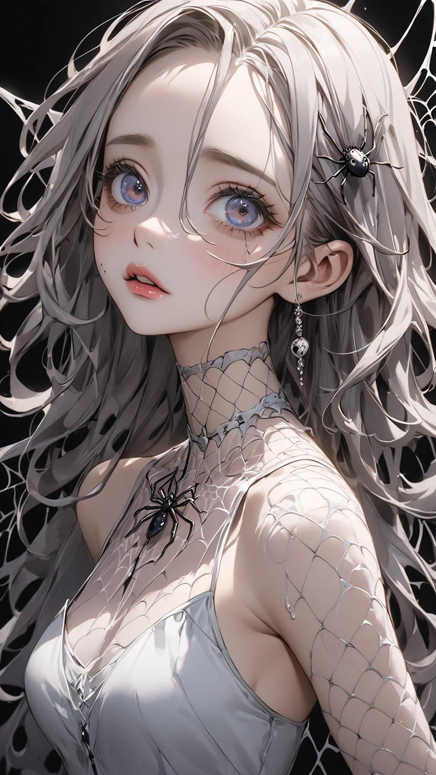 cinematic lighting、Super thick skin、Beautiful quality with attention to detail、cyber punk、(alternative、dull tone、calm tone:1.3)(1 beauty、Beautiful face in every detail:1.3)(Bewitching Black Spider Tight Suit:1.7)(Nunja~well-shaped chest、Arachne tattoo on chest、Arachne:1.2) (look back、squat、raise your hand:1.2)(Two arms grow on your back:1.4)(body fluids attached to the body:1.4)spiderweb、The white body contains Arachne threads.。(elation:1.4)