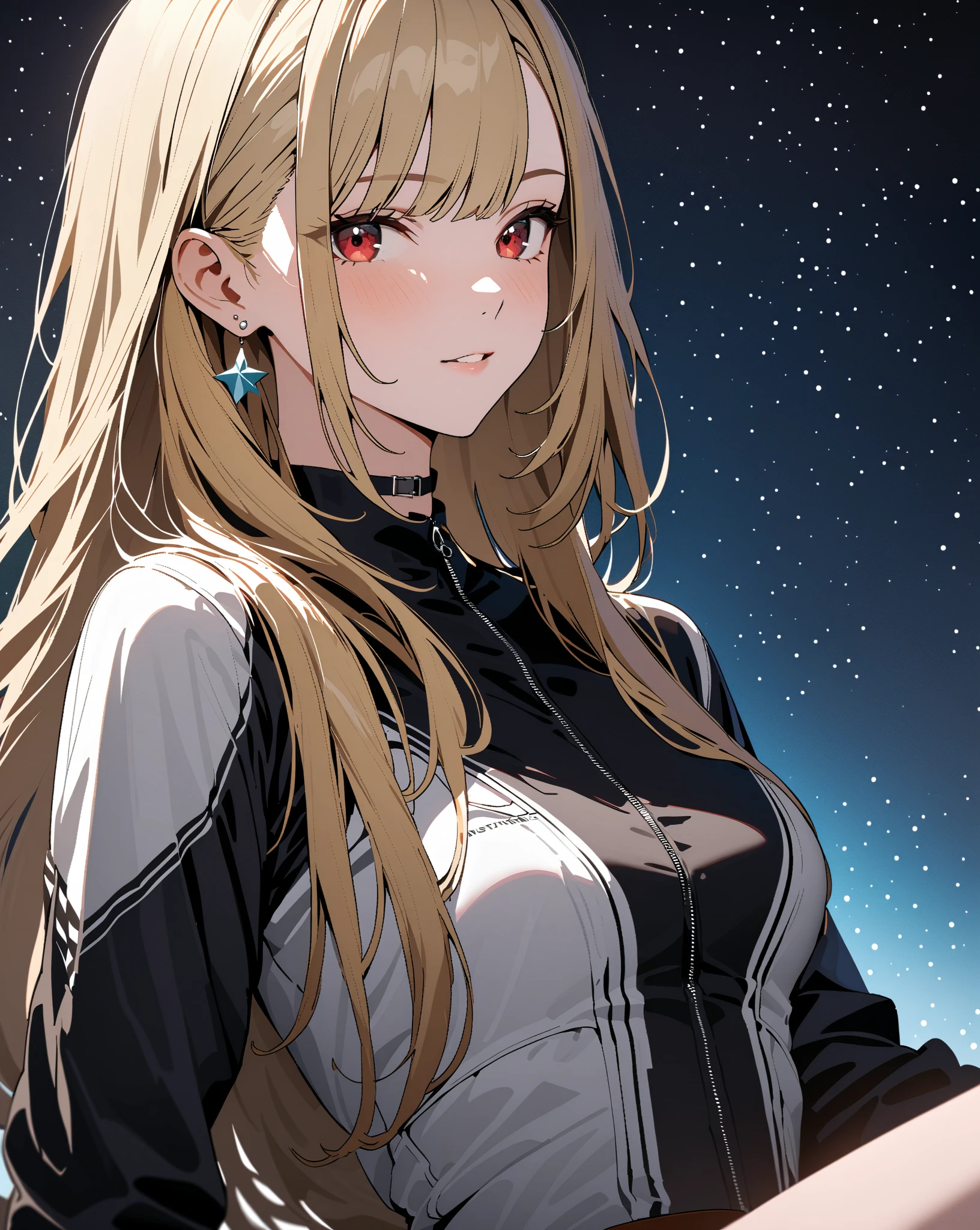 masterpiece, best quality, <lora:BARD713XL_V1:1> 1girl, solo, blue eyes, jacket, long hair, thighhighs, blonde hair, looking at viewer, black thighhighs, long sleeves, bangs, white jacket, open mouth, open jacket, open clothes, halo, feet out of frame, hair between eyes, smile, sitting
