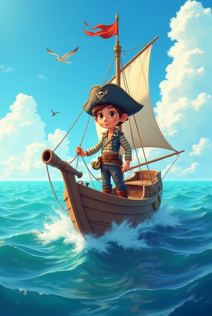 a little boy named Lucas who dreamed of being a great pirate and sailing the seven seas in search of lost treasures. Lucas had an adventurous spirit and would always imagine exciting stories in his mind. cartoon style like old book --auto