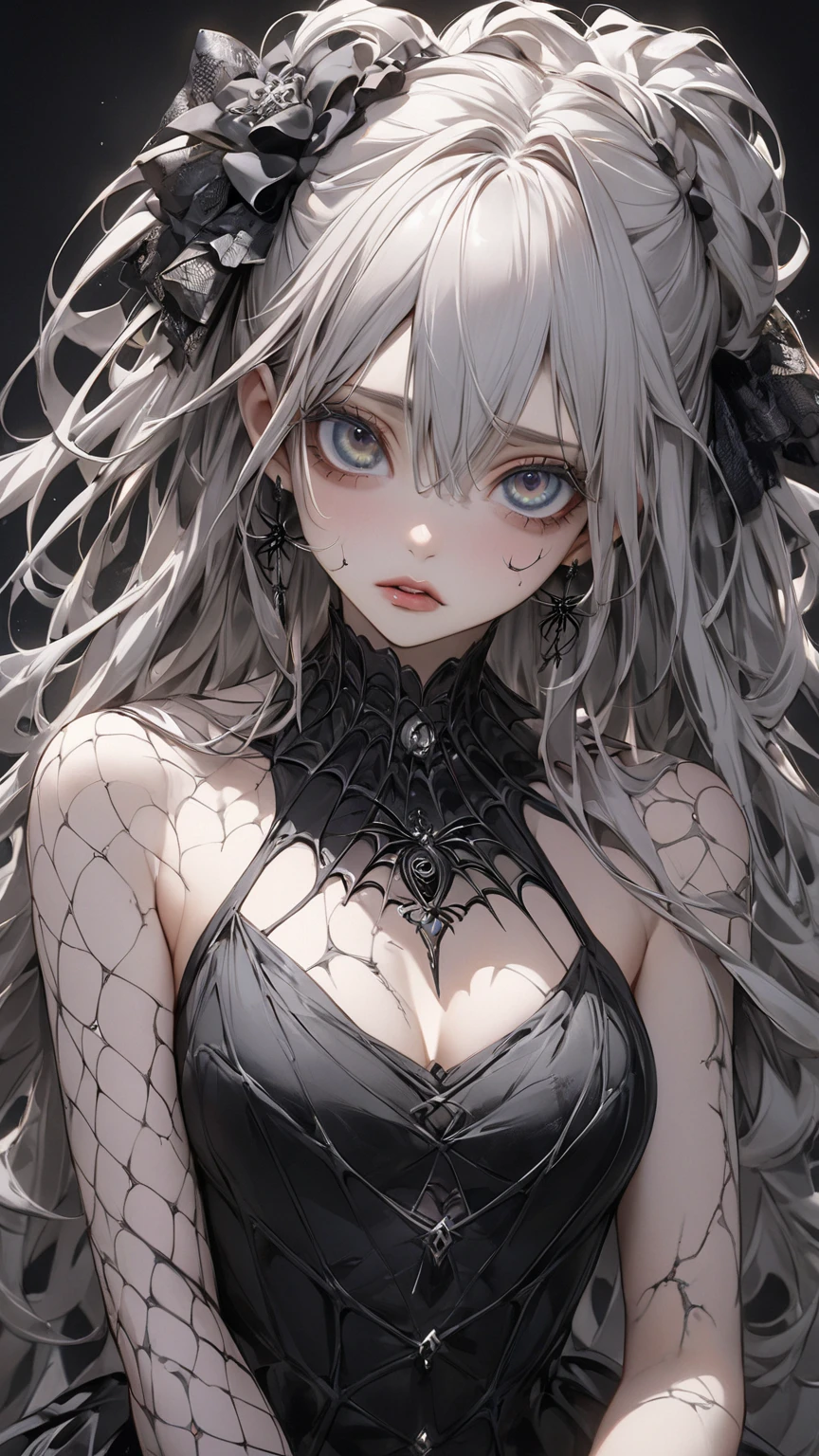 A 2 gothic punk goth girl, perfect face, beautiful Asian woman with long White hair in curls and coils, very cute and beautiful girl, (highly detailed beautiful face), high detailed fingers, (Blood Red corset with detailed frills), detailed face, detailed fingers cowboy shot, looking at viewer, ((sexy Punk Lolita cosplay)), high neckline, ((ultra detailed lace)), ((ultra detailed embroidery)), intricate details, , ((silver chains)), ((silver spikes)), ((safety pins)), Punk Lolita Punk Lolita choker, ((large sparkling Punk Lolita, cinematic light, detailed gothic house background