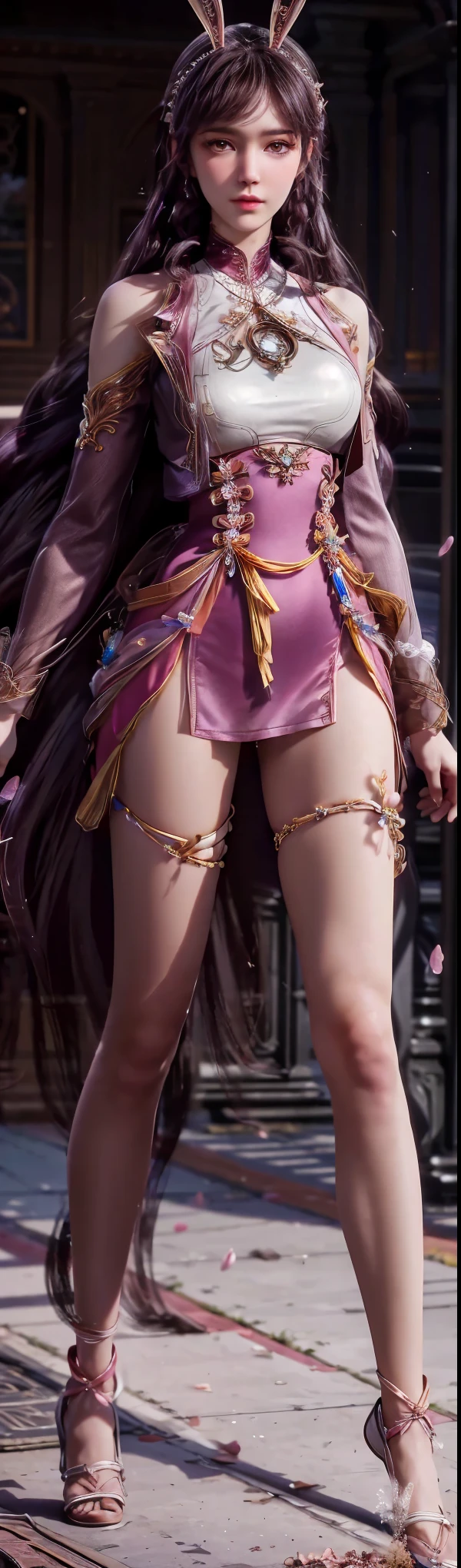 model poses,Pink haired beauty,Long hair shawl,Lower ponytail,Charming eyes,The skin is delicate,Bigchest,Yellow Uniform,Black stockings are depicted in great detail,Golden butterfly ornaments are elaborately depicted on the long legs,Ultra HD close-up,high-heels,softlighting,the street