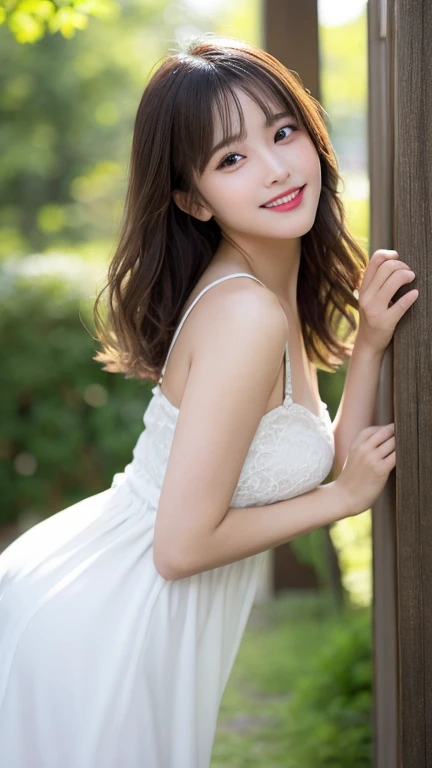 ((最high quality, 8k, masterpiece: 1.3)), (close:0.75), Realistic, Sharp focus, high quality, High resolution,   Japanese women、18-year-old、Idol face、Chubby body type、Her breasts are huge, measuring 40 inches. ｛Pure white dress｝, ((Very strong sunlight)), smile, Brown-haired berry shorthair,Looking at the camera from the shade of a tree with eyes and mouth closed、Full body image、smileのアップ8K画像、