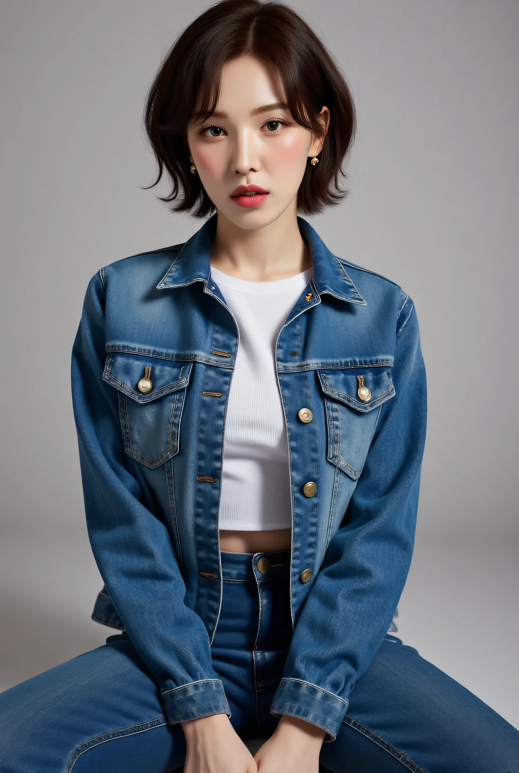  of a 25 year old woman, sitting facing forward, both hands on the thigh,  thick dark red lips ,  using a denim jacket ,  white shirt , denim trousers bottoms,  very detailed image quality 