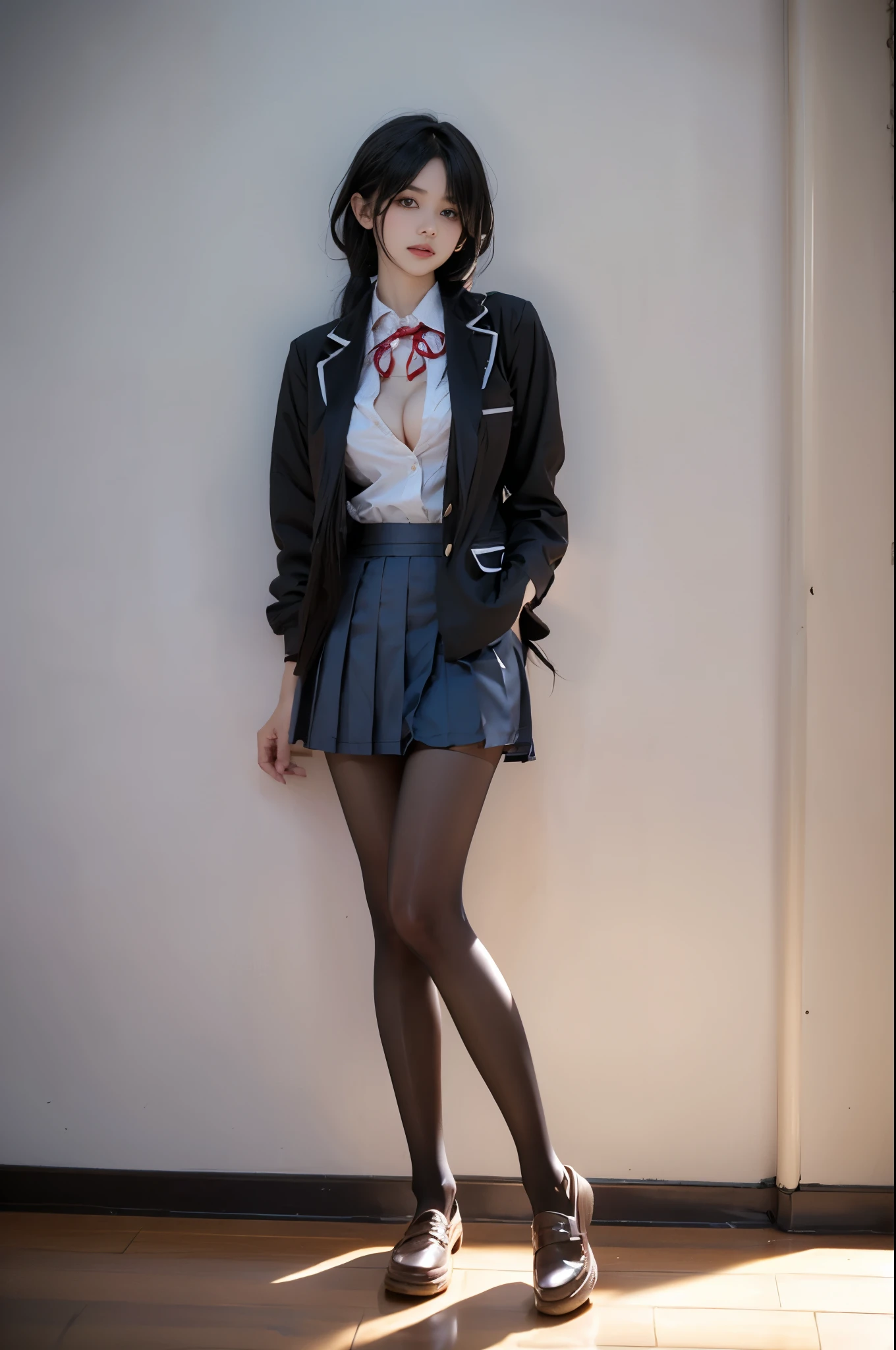 tokisaki kurumi
sobu high school uniform
cosplay,
school uniform, blazer, collared shirt, neck ribbon, pleated skirt, pantyhose, hair rings, loafers,
hair over one eye, low twintails, ,,(Above the calves view:1.4), ((Portrait-oriented, focusing on the subject's body above the calves)), (from below:1.2), (I-type Valley), (Full breasts, visible cleavage), (Very short hemline, revealing smooth thighs), Realistic beautiful woman, sexy long-legged model, standing gracefully with elegance. while one hand elegantly lifts the hem of her skirt up to her thigh. soft natural makeup, and her hair flows beautifully in the gentle breeze. Photorealistic lighting and shadows, high detail, 4K resolutio