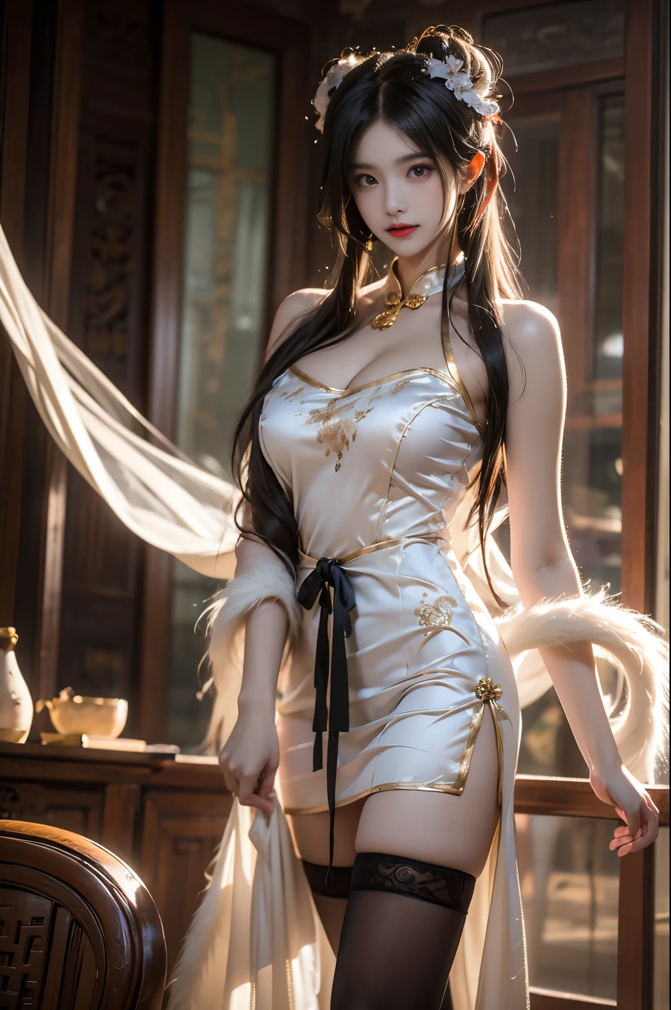 tokisaki kurumi, 1girl, solo,cosplay,
bare shoulders, chinese clothes, feather shawl, china dress, fur trim shawl, lace-trimmed thighhighs,
hair over one eye, long hair, double bun, hair bun, bun cover,
 ,,(Above the calves view:1.4), ((Portrait-oriented, focusing on the subject's body above the calves)), (from below:1.2), (I-type Valley), (Full breasts, visible cleavage), (Very short hemline, revealing smooth thighs), Realistic beautiful woman, sexy long-legged model, standing gracefully with elegance. while one hand elegantly lifts the hem of her skirt up to her thigh.    soft natural makeup, and her hair flows beautifully in the gentle breeze.   Photorealistic lighting and shadows, high detail, 4K resolutio