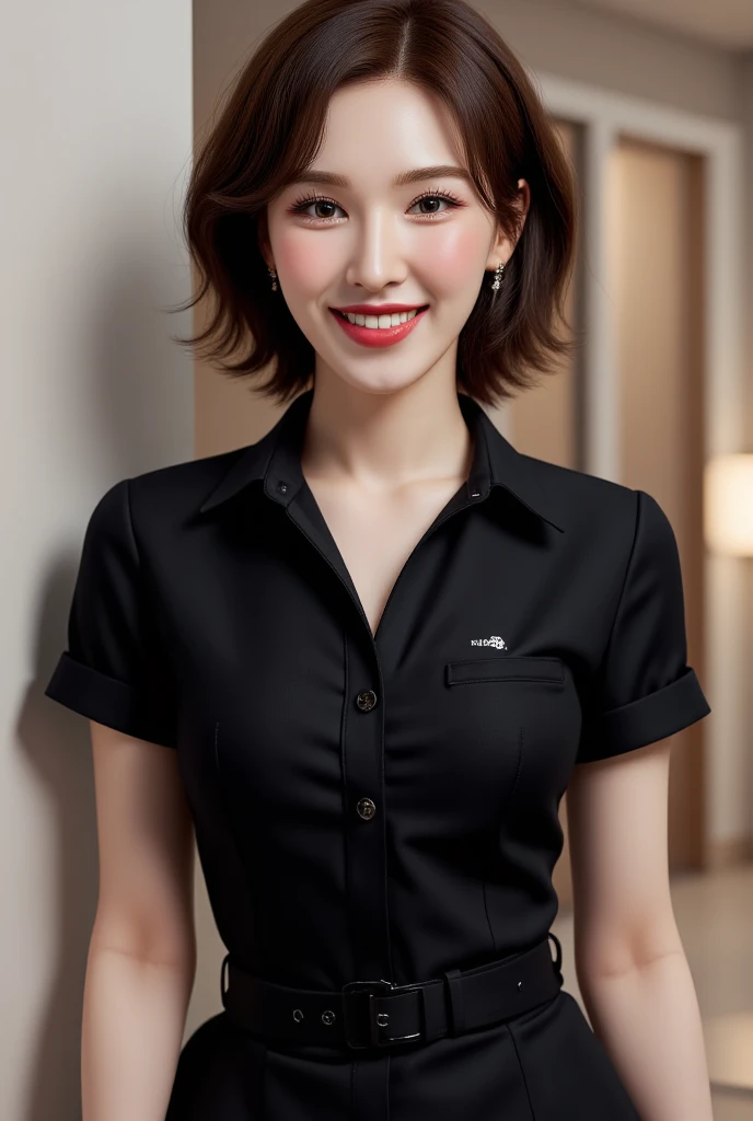  of a 25 year old woman, sitting facing forward,  use black formal shirts, black formal skirt bottoms ,  dark red lips ,  very detailed image quality , smiling beautiful 