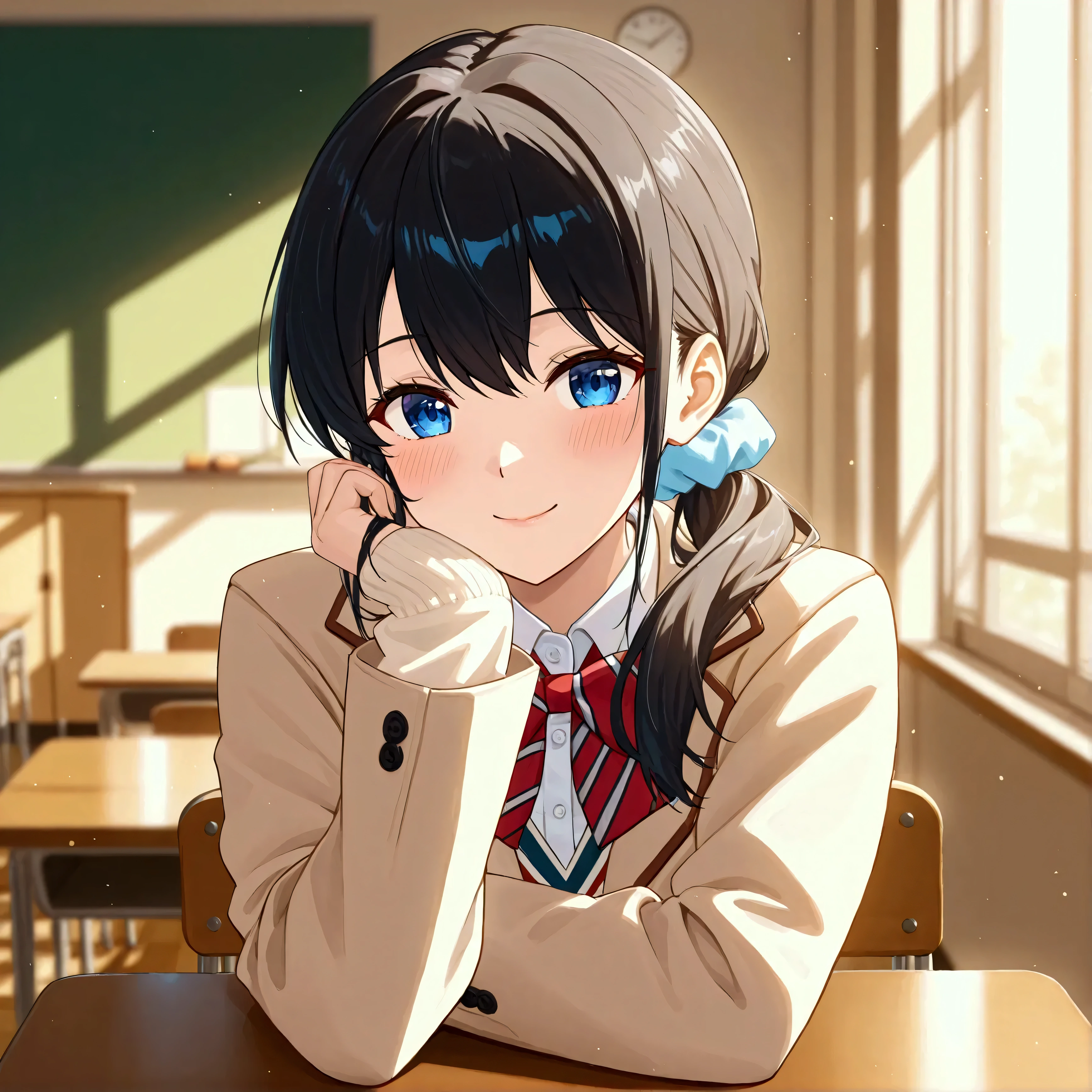 quality（UHD（ Ultra Fine）・super detail（ very detailed on trends）・best quality（最高quality）4K）appearance（woman　１８Age　 very cute face　 Japanese　 ponytail　smile　 black hair　Wear warm clothes　）composition（winter　School　classroom　early morning　Warm colors　 staring at your partner）　 style（ anime style）