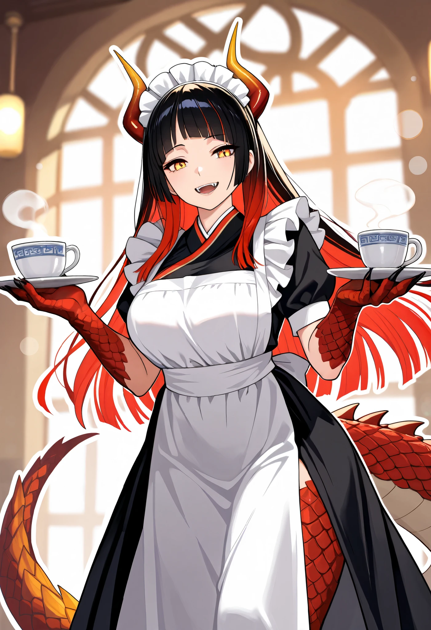 (masterpiece, best quality, high quality, highres, ultra-detailed), 1girl, hime cut bangs hair, two tone hair, crimson red hair, black hair, mature woman, dragon lady, golden eyes, mature and calm expression, dragon tail, fangs, dragon horns, dragon thighs, sharp claws, dragon knees, red scales, scaled thigs, white outline skin, dragon legs, dragon feet, scaly skin, dragon ears, full dragon hands, sharp claw hands, hard scales, porcelain skin, beautiful lighting, bokeh, red scales hand, illustration style, standing, maid dress, maid headdress, holding cup of coffee milk, smile, offering
