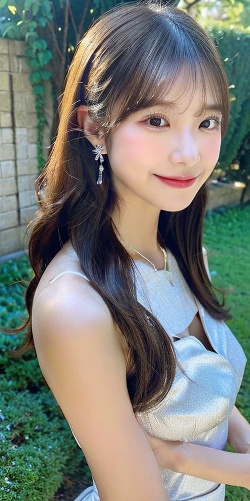 1 girl, silver hair, brown hair, dull bangs, floating hair, long hair, fireplace awning, aqua eye, Shining eyes, long eyelashes, earrings, compensate, smile, parted lips, written boundary depth, first person perspective, from behind, From the side, upside down, f/1.8, 135mm, canon, UHD, retina, masterpiece, Accurate, anatomically correct, rough skin, Super detailed, advanced details, high quality, 最high quality, High resolution, 1080p, hd, 4k, 8K