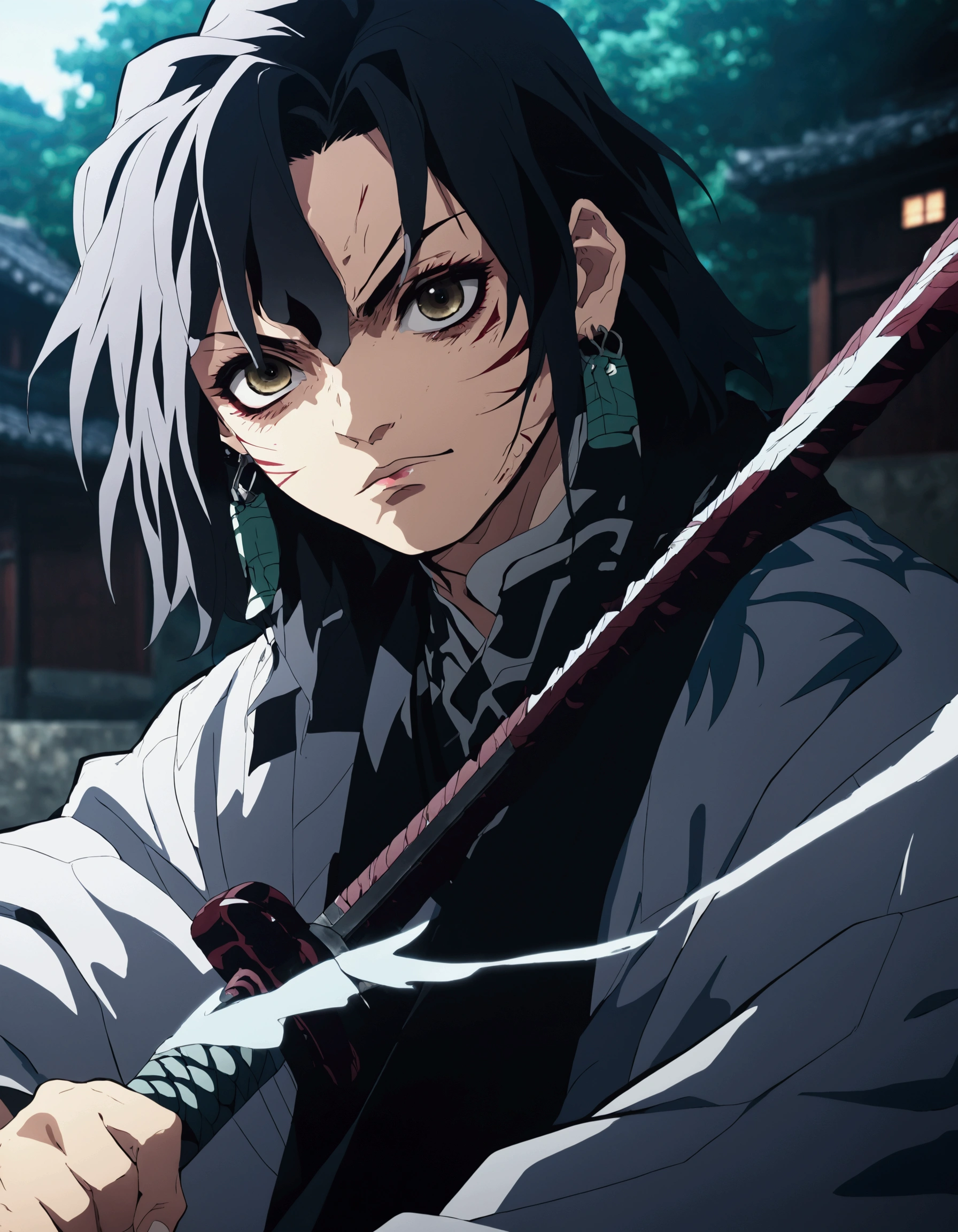 personagem de anime with long black hair holding a sword in front of a building, handsome guy in Demon Slayer art, Demon Slayer artstyle, Demon Slayer rui fanart, Kimetsu no yaiba, akiyuki shinbou , Demon Slayer, Arte de Anime Chave, badass anime 8 k, Okata Kazuto, personagem de anime, inspirado em Okumura Masanobu