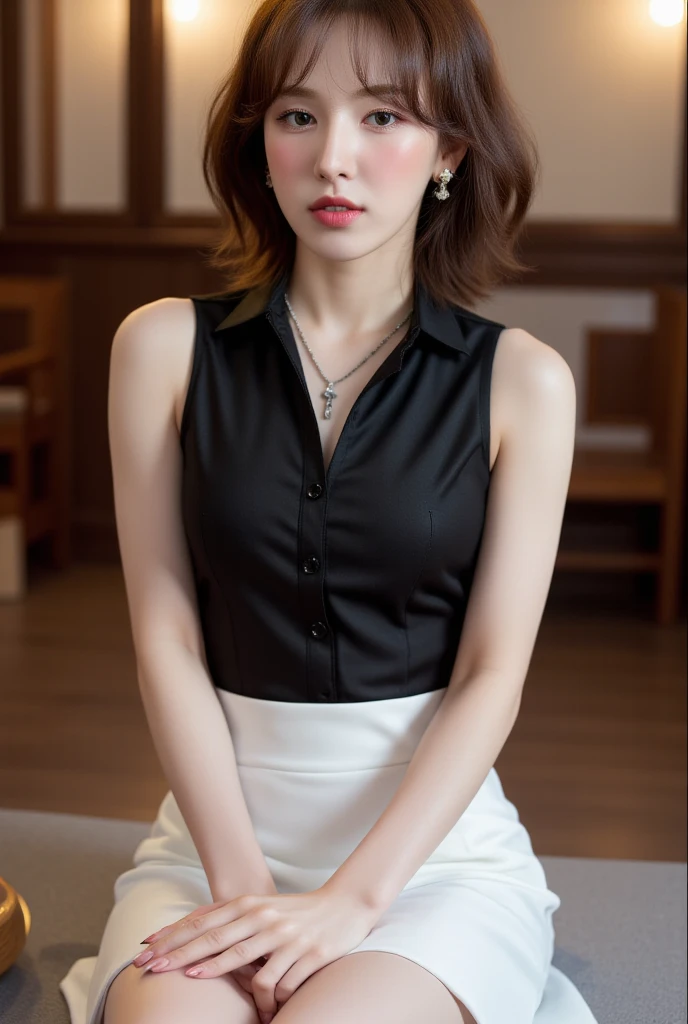  A beautiful woman, sitting facing the front ,  looks full body using a formal sleeveless shirt in black,  wearing a long white women's skirt, lips are black ,  using a cross necklace , very detailed image quality 