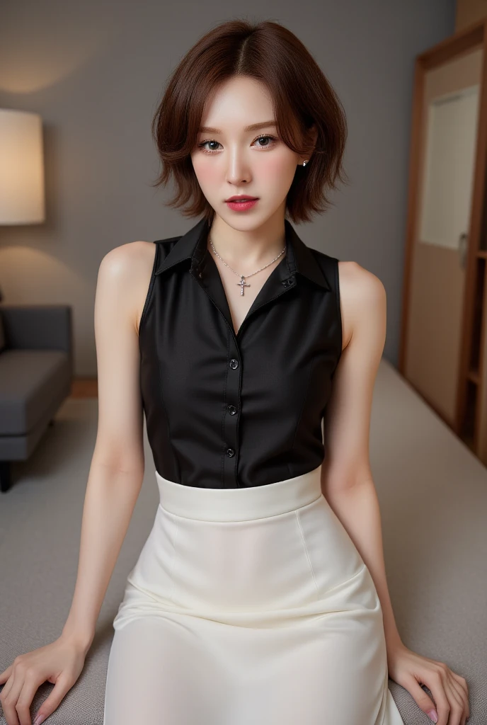  A beautiful woman, sitting facing the front ,  looks full body using a formal sleeveless shirt in black,  wearing a long white women's skirt, lips are black ,  using a cross necklace , very detailed image quality 