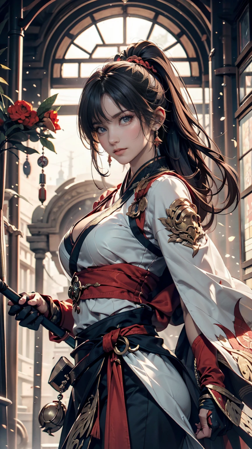 24 year old Caucasian female、Sexy proportions、Put the sword on your waist、Holding a naginata、Japan Armor(Fumaru)Acquire、Put on a helmet