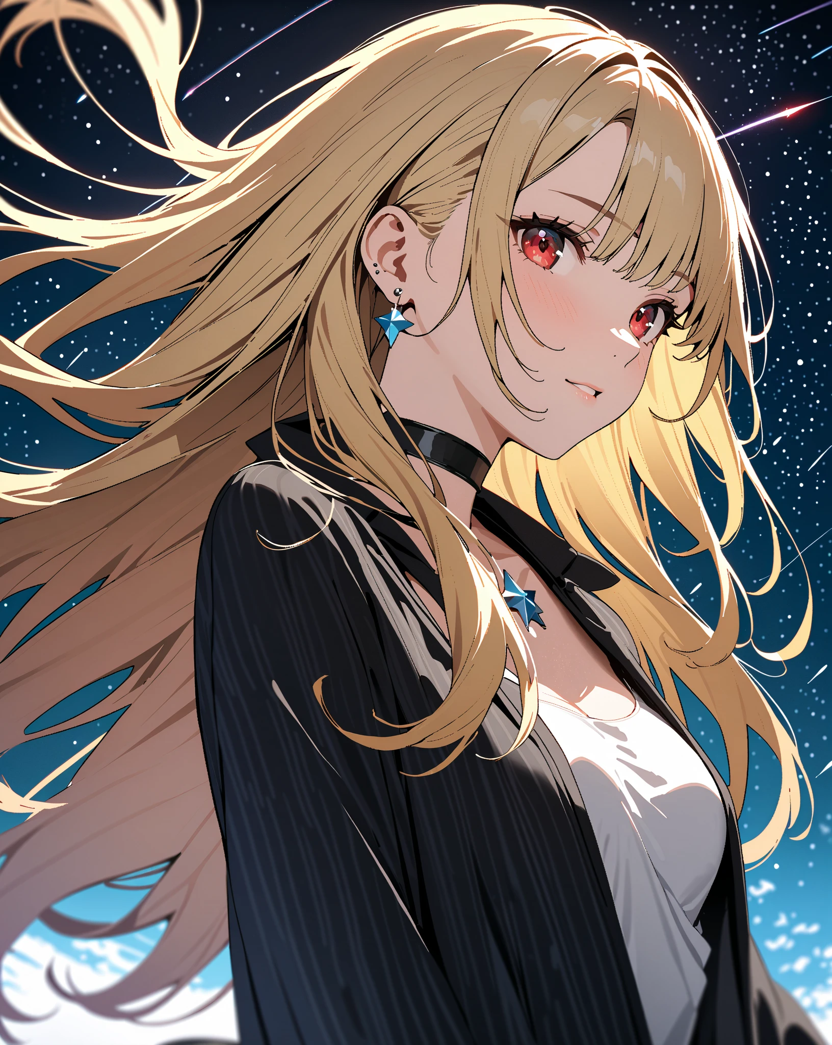 shooting star, The Girl Who Leapt Through the Stars, Many Stars, Star, A Girl Who Rides on a Star, Small , Kitagawa Marin, 1girl , blonde hair, long hair, multicolored hair, red eyes, jewelry, earrings, piercing, black choker, masterpiece:1.5, masterpiece, highest quality, UHD, retina, masterpiece, accurate , super detailed, high quality, best quality, 8k
